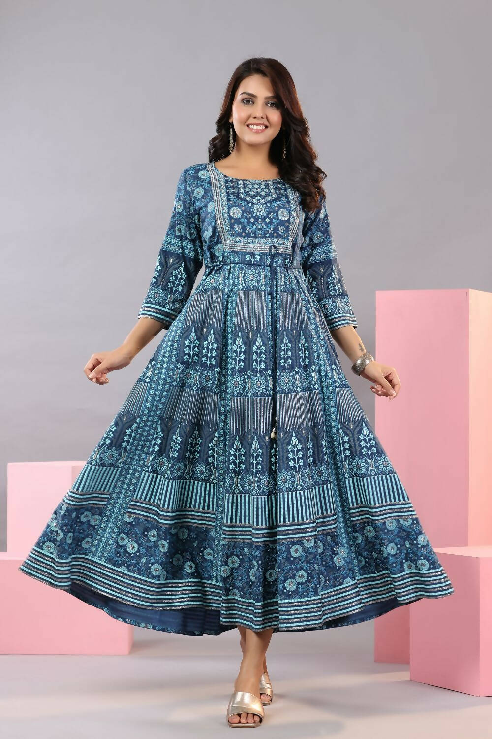 Juniper Women Blue Shantoon Floral Printed Maxi Dress - Distacart