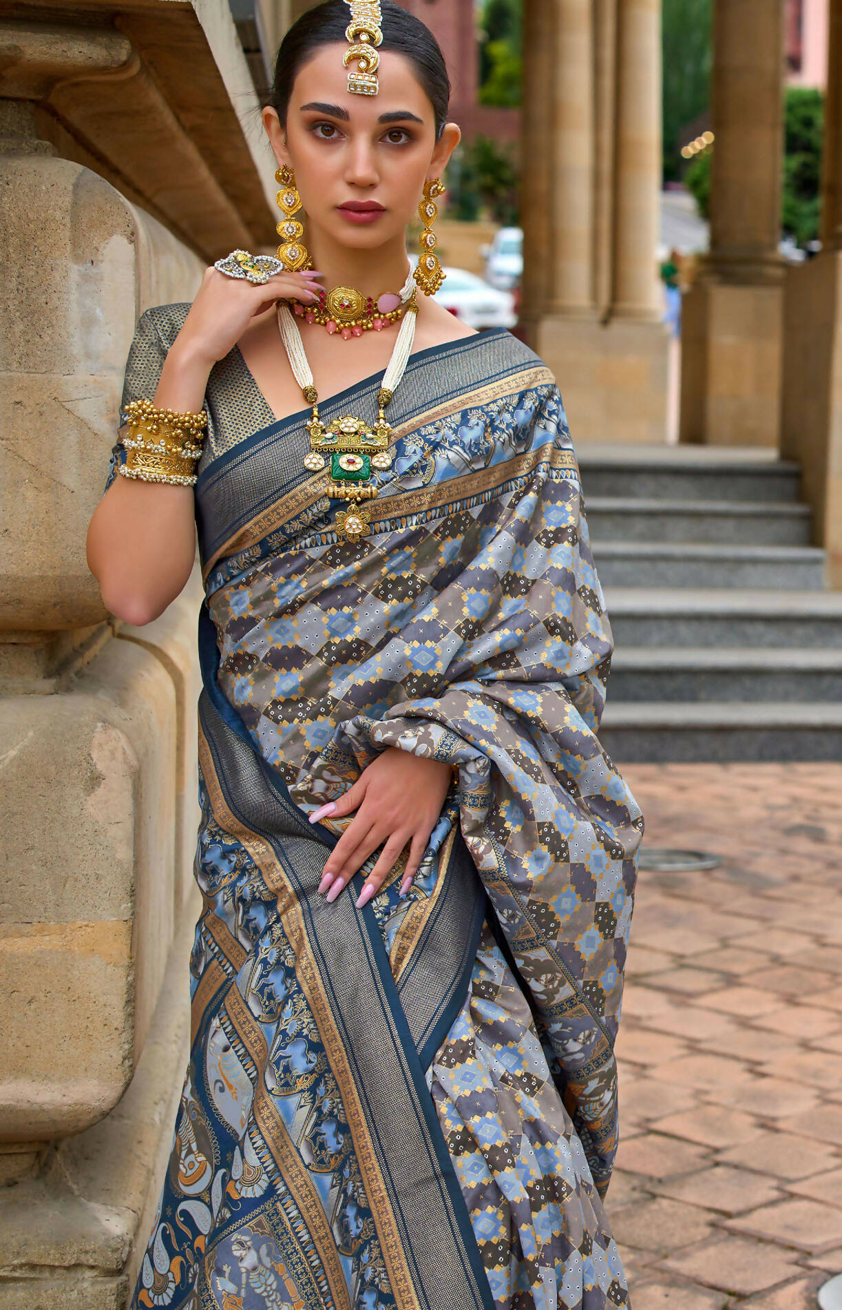Steel Teal Blue Superior V.P.Silk Woven Printed Patola Silk Saree - Rewaa Milano - Distacart