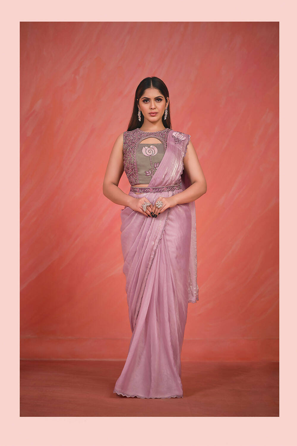 Pink Satin Silk Thread & Sequence with handwork Saree With Stitched Blouse - Mohmanthan Elegancia - Distacart