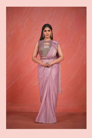 Pink Satin Silk Thread & Sequence with handwork Saree With Stitched Blouse - Mohmanthan Elegancia - Distacart