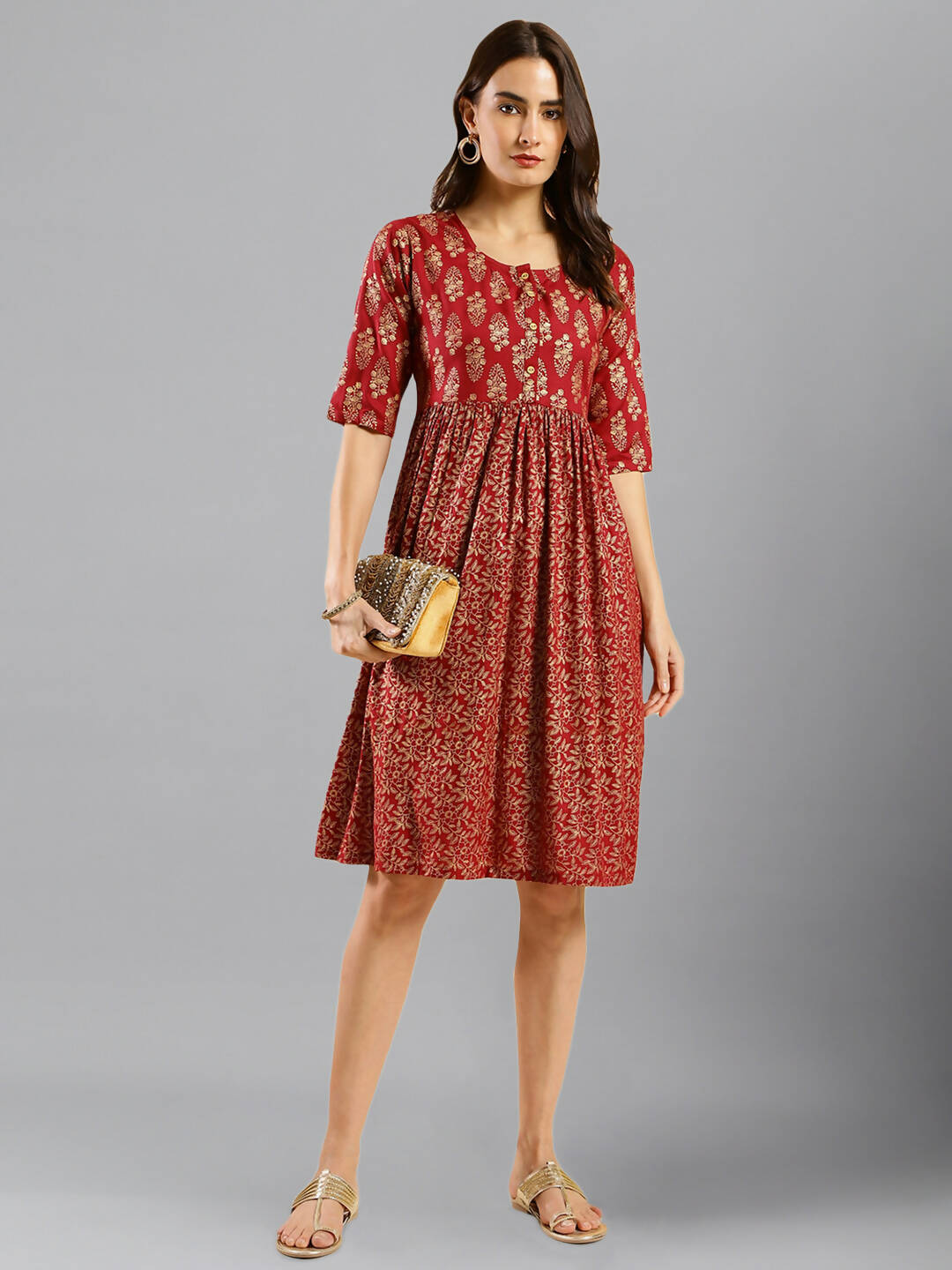 Red Cotton Ethnic Motifs Aline Dress - Poonam - Distacart