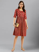 Thumbnail for Red Cotton Ethnic Motifs Aline Dress - Poonam - Distacart
