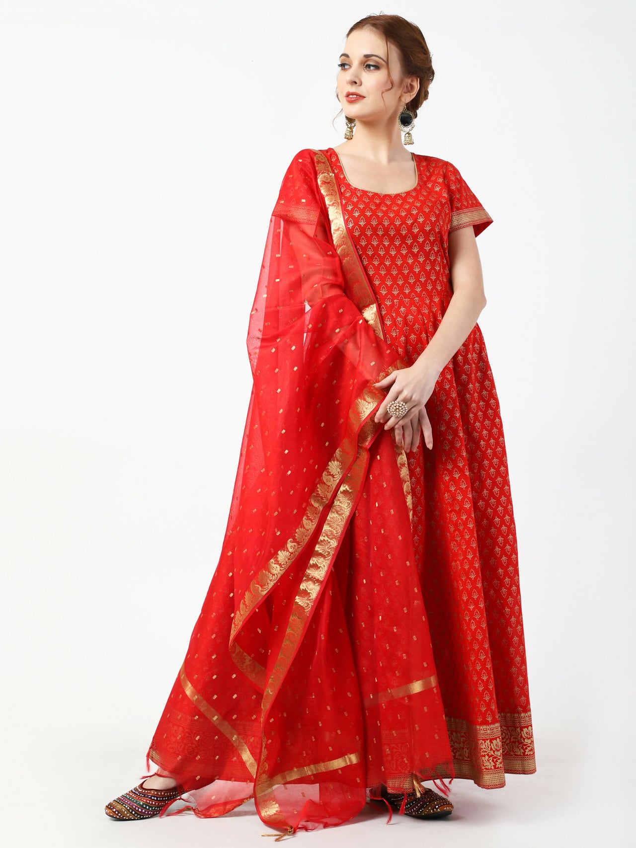 Cheera Women's Red Cotton Hand Block Print Long Dress With Silk Dupatta Set - Distacart