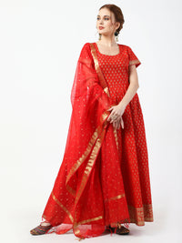 Thumbnail for Cheera Women's Red Cotton Hand Block Print Long Dress With Silk Dupatta Set - Distacart