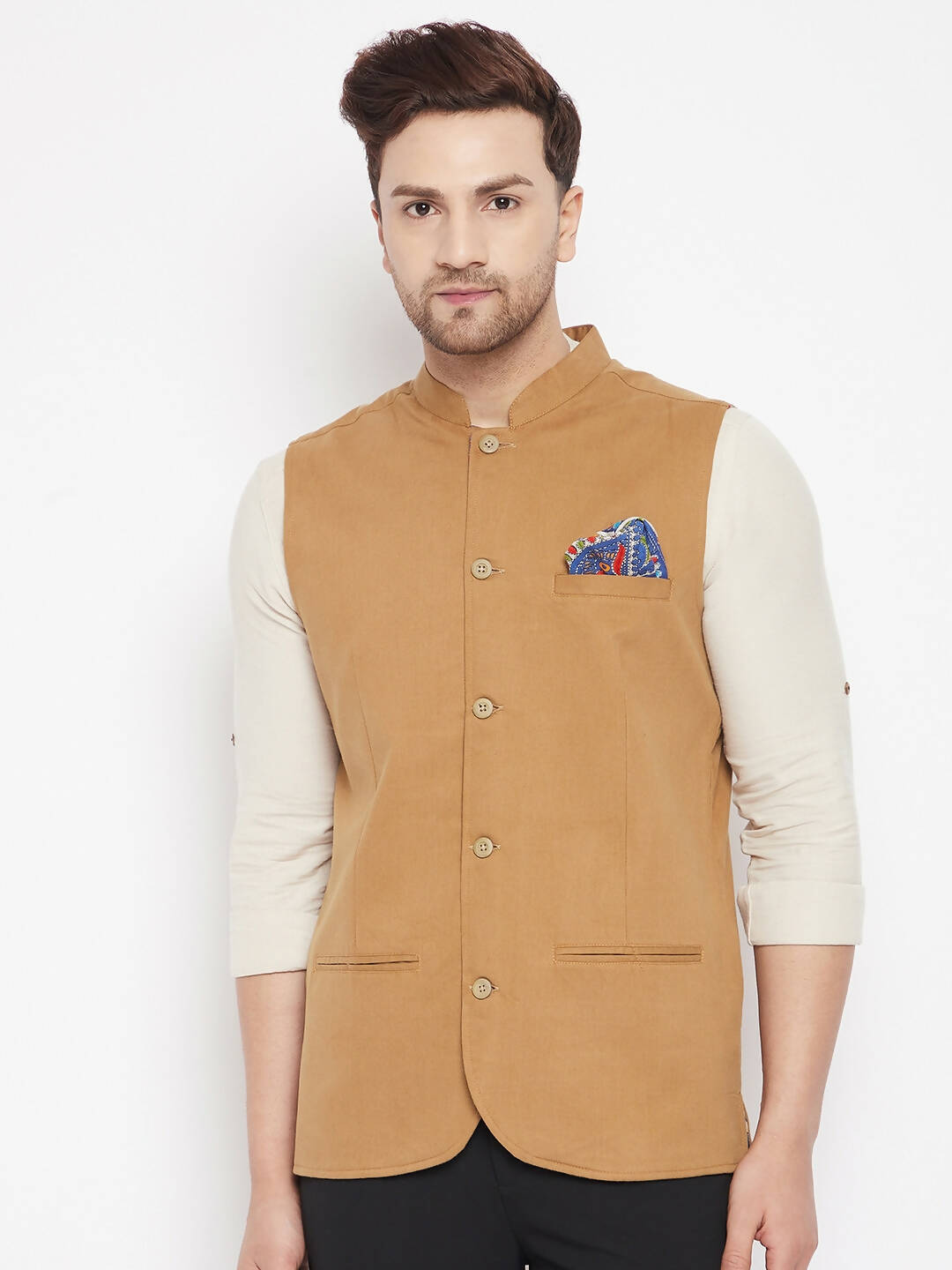 Even Apparels Brown Polyester Men's Nehru Jacket-Contrast Lining-Inbuilt Pocket Square - Distacart