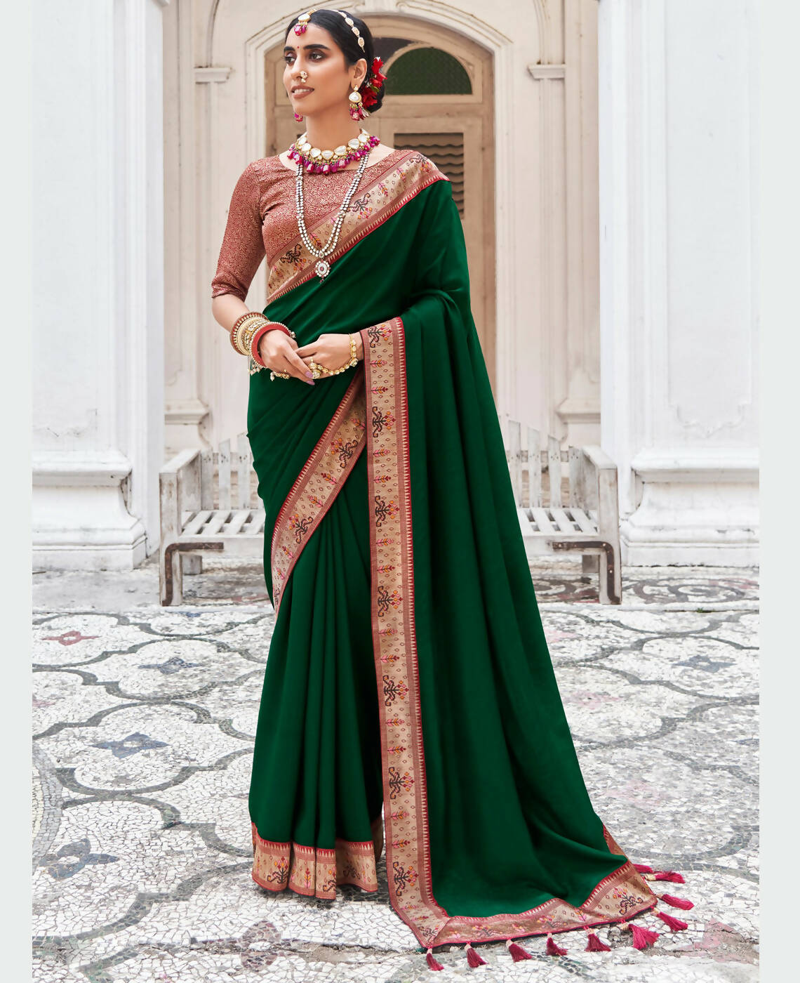 Green Vichitra Solid Saree With Unstitched Blouse Piece - Juhi - Distacart