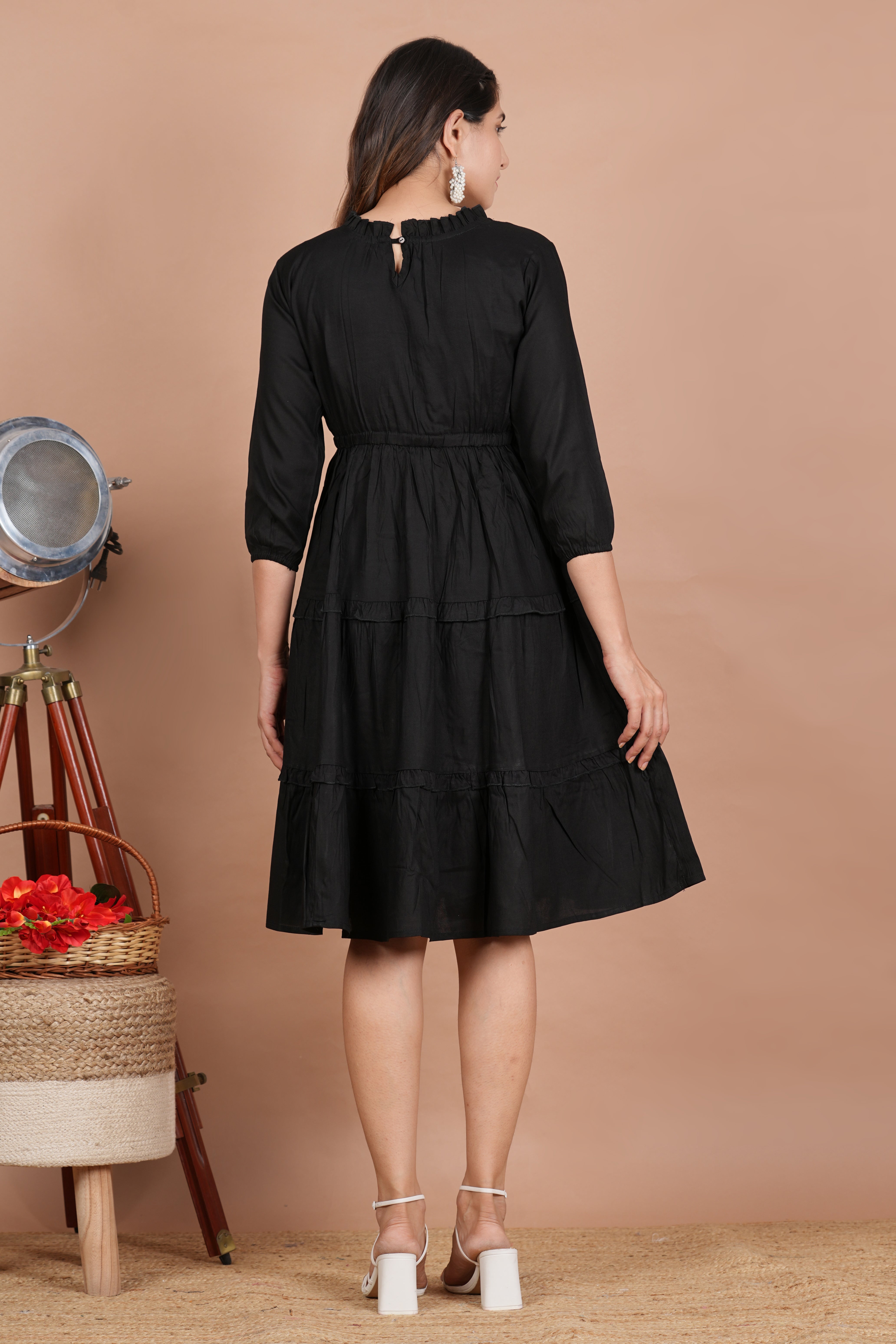 House of RP Women's Black Cotton Solid Tiered Dress - Distacart