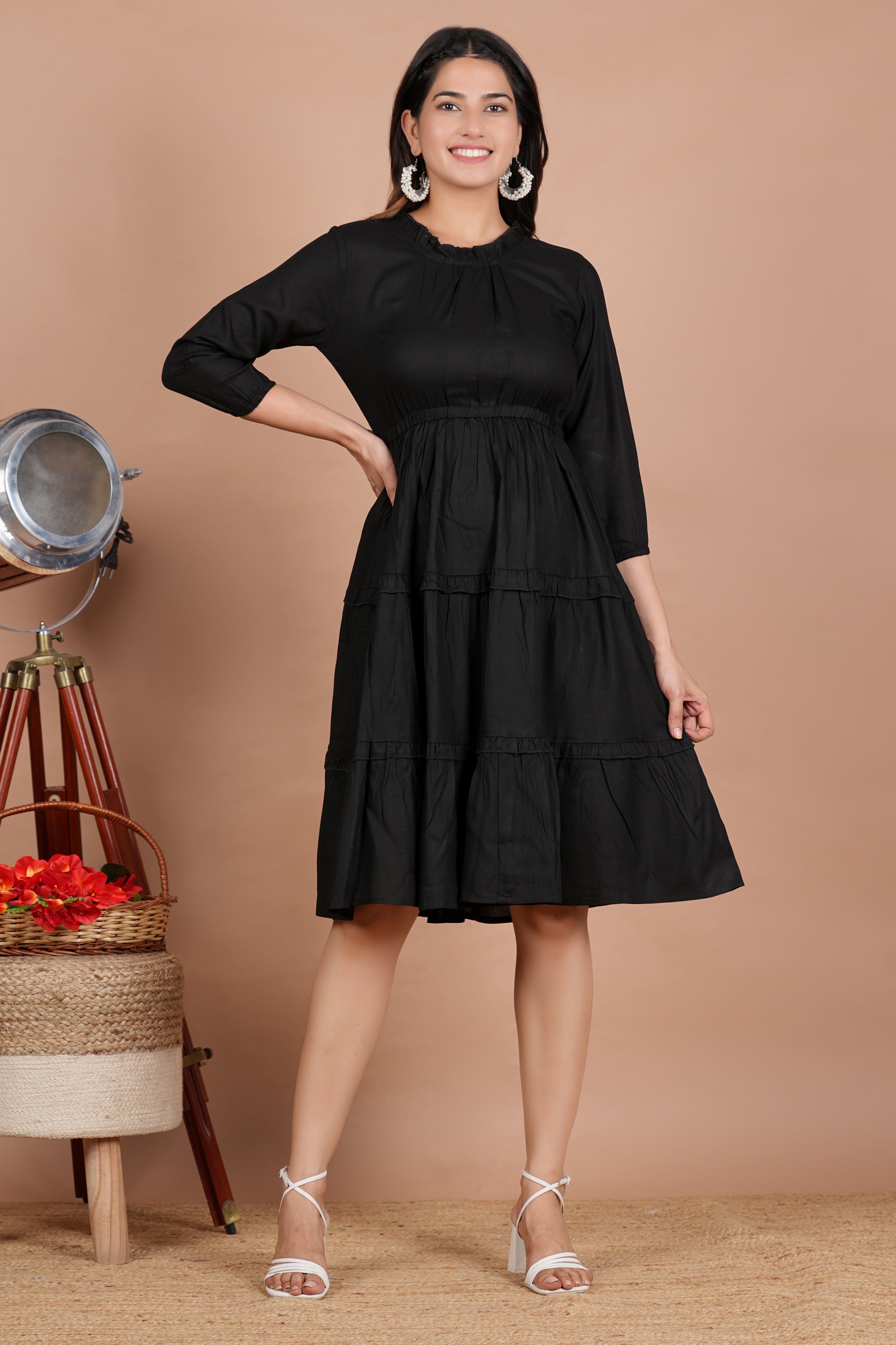 House of RP Women's Black Cotton Solid Tiered Dress - Distacart