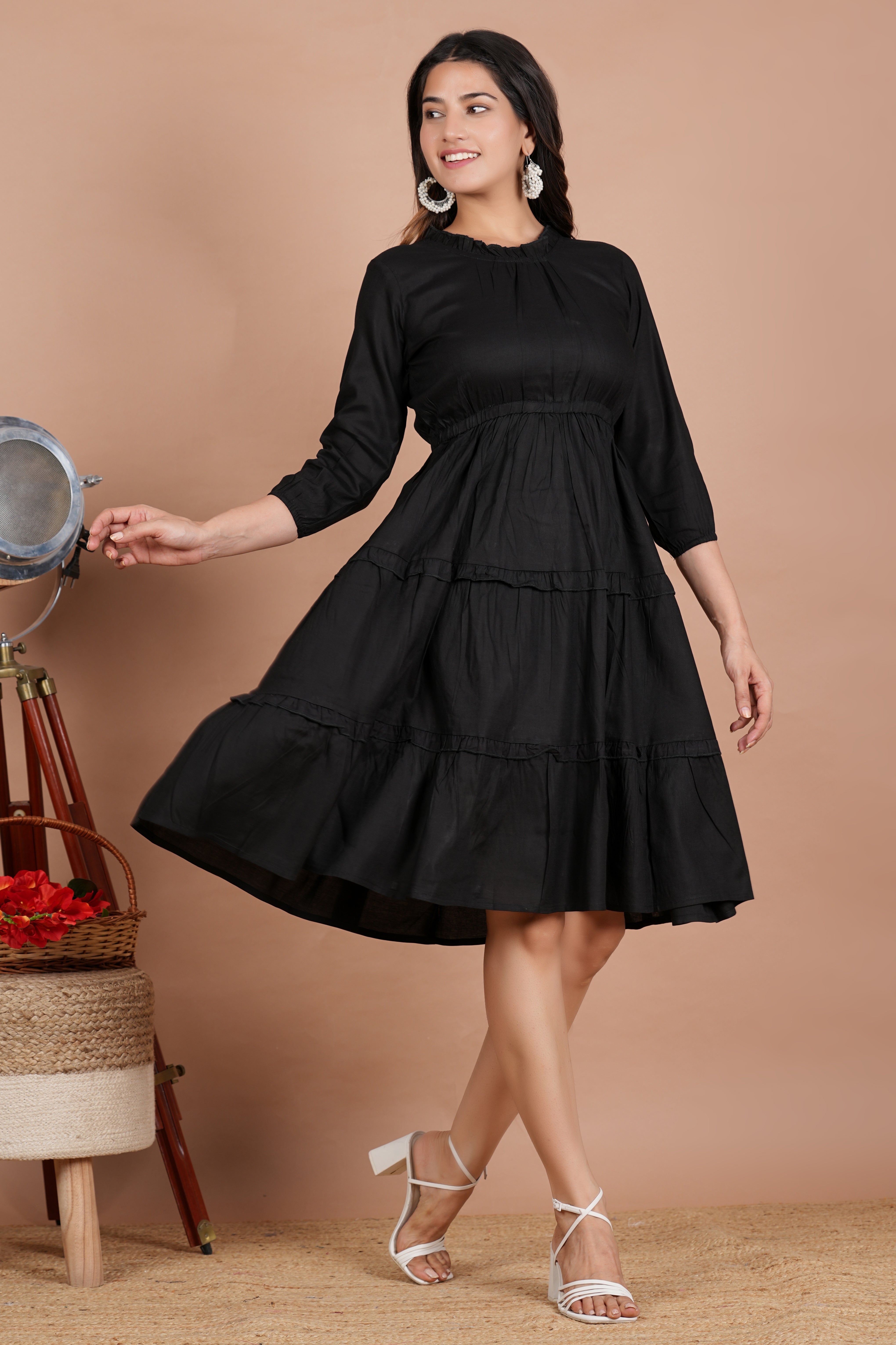 House of RP Women's Black Cotton Solid Tiered Dress - Distacart