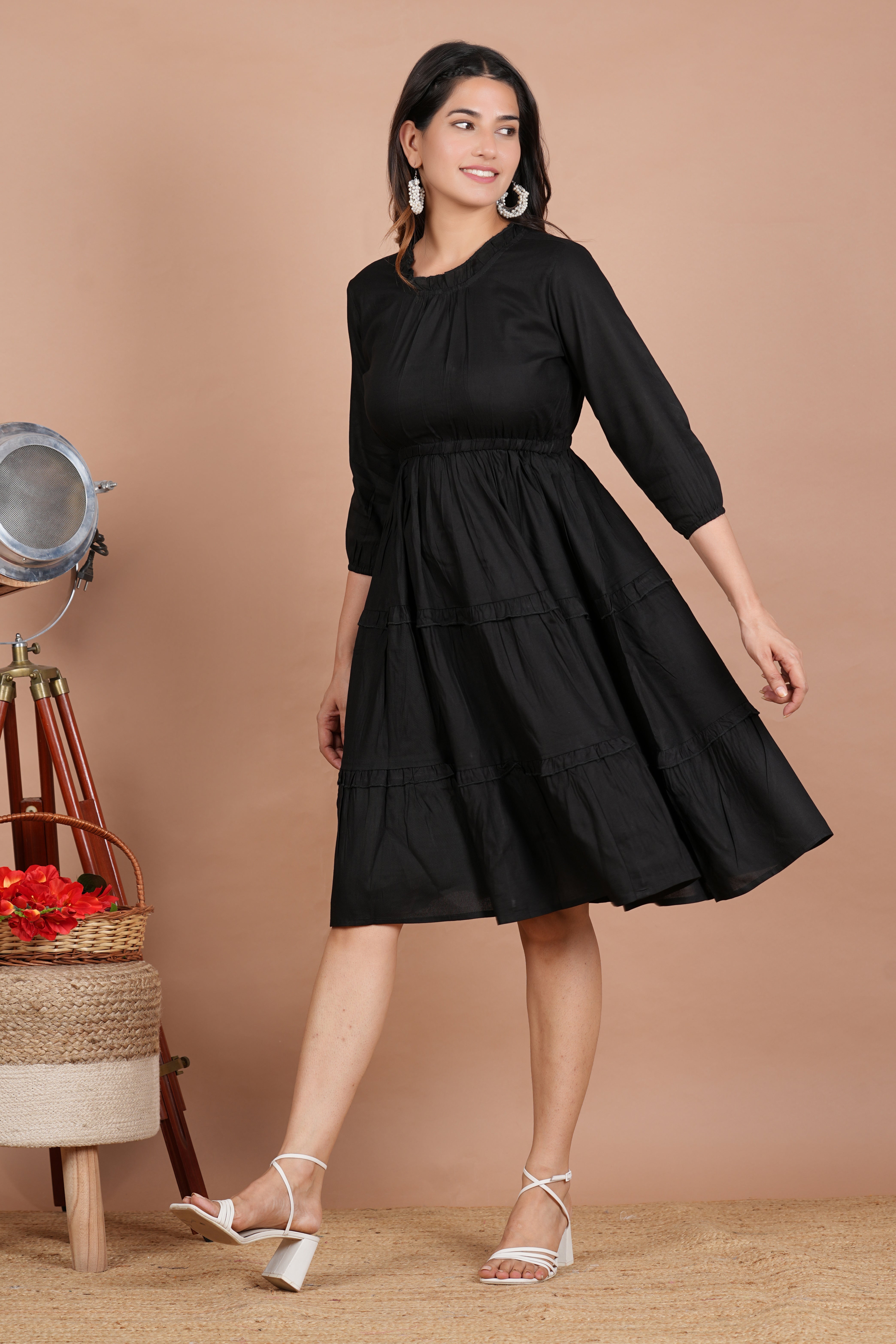 House of RP Women's Black Cotton Solid Tiered Dress - Distacart