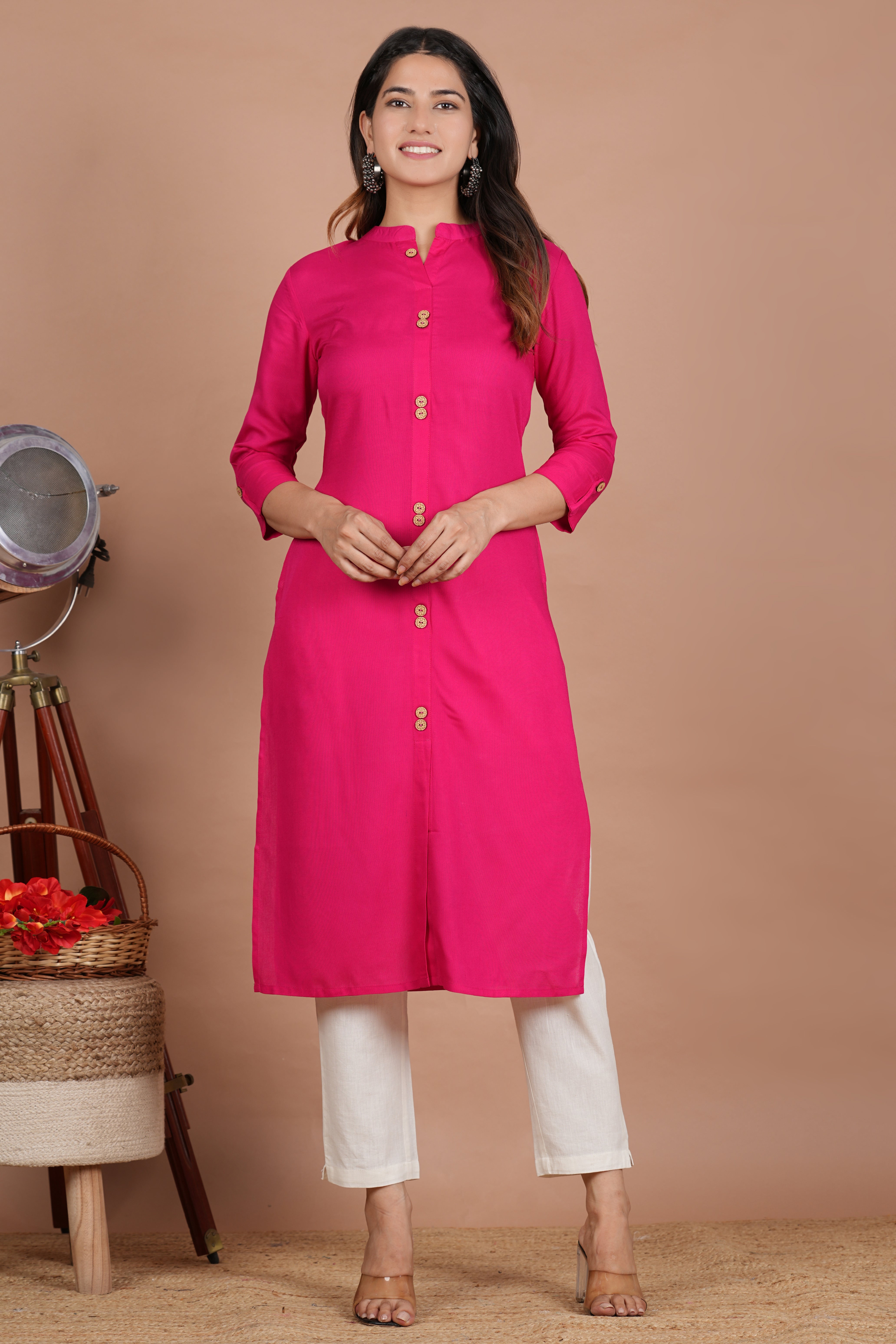 House of RP Women's Pink Rayon Solid Frontslit Kurta - Distacart