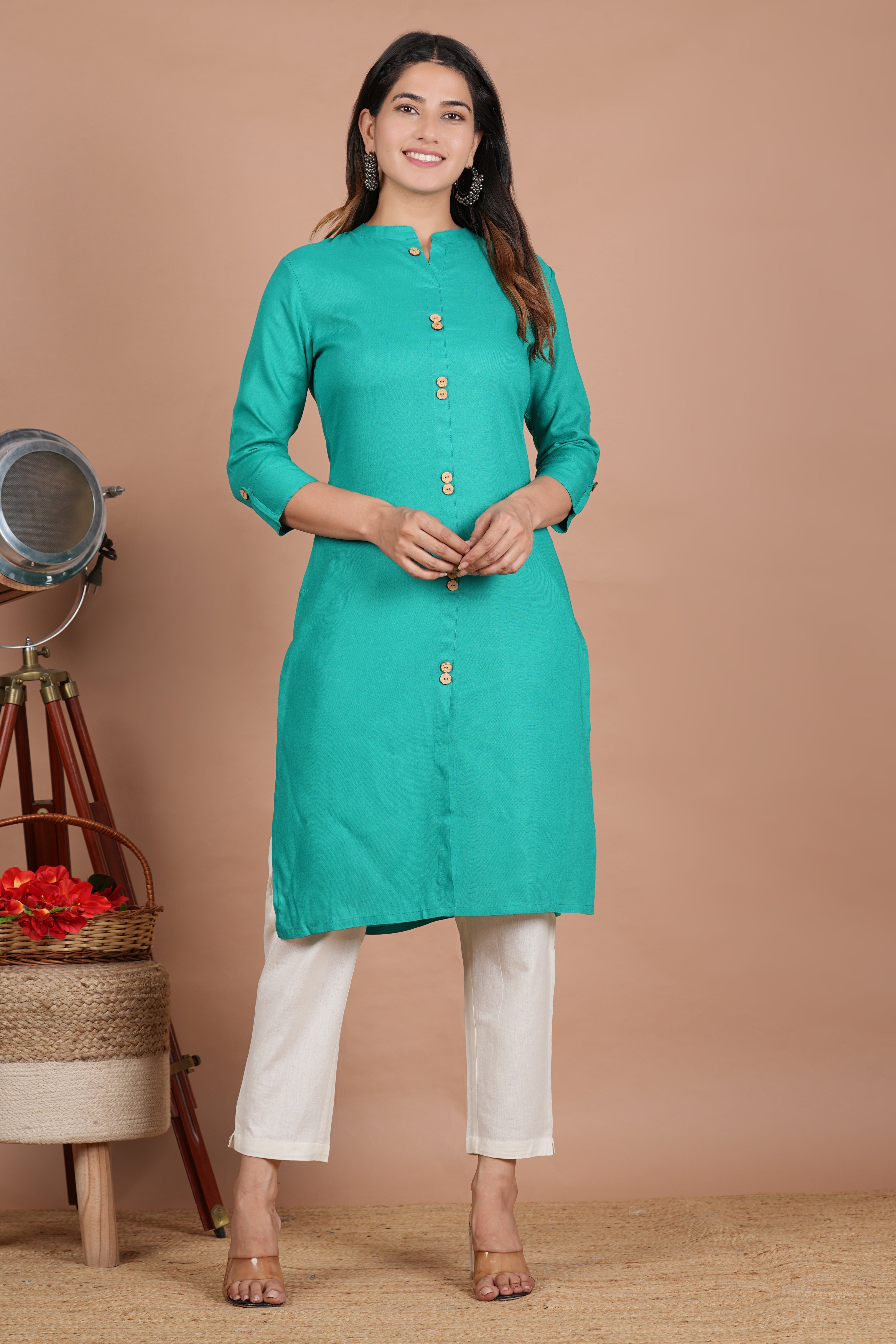 House of RP Women's Trquoise Rayon Solid Frontslit Kurta - Distacart