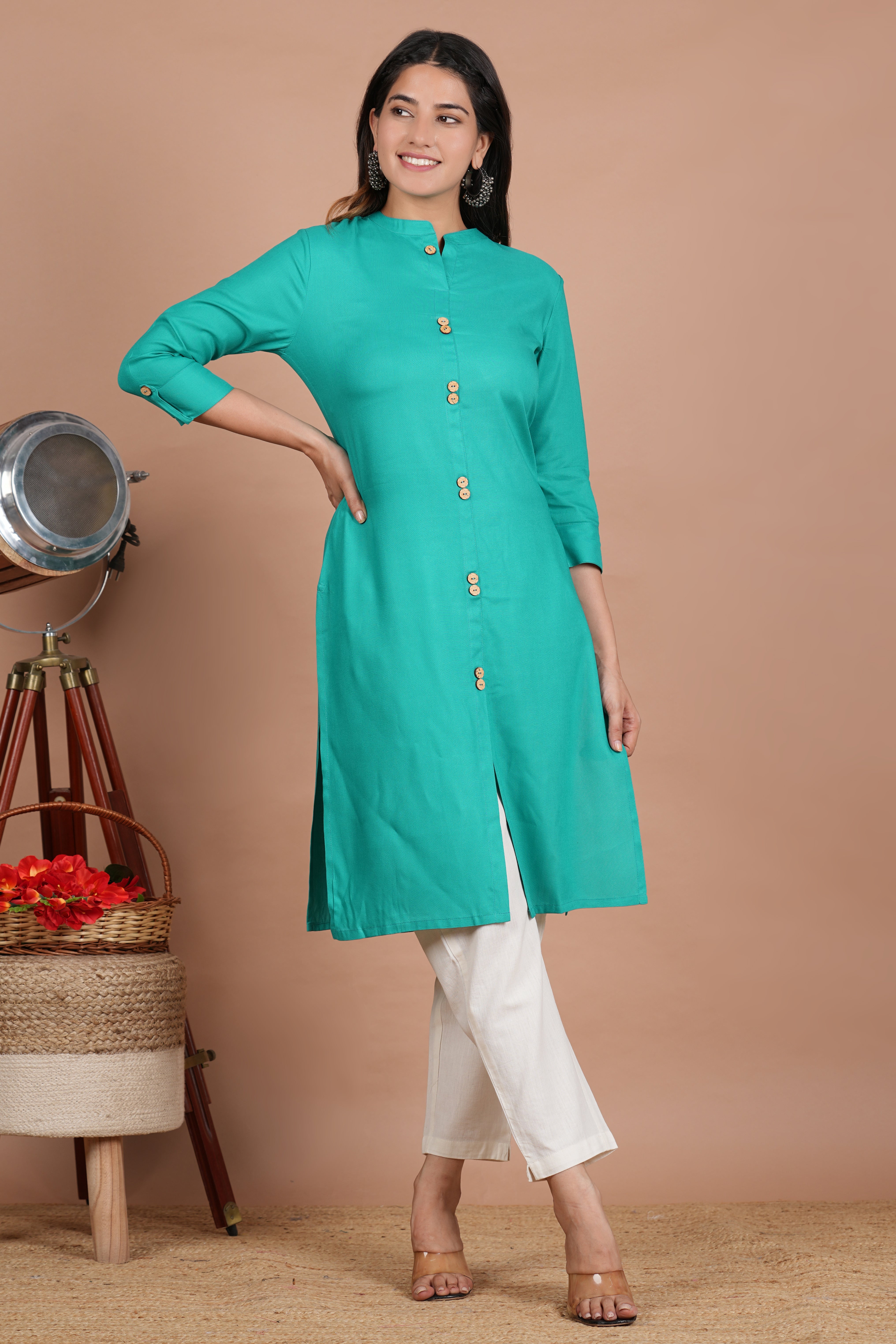 House of RP Women's Trquoise Rayon Solid Frontslit Kurta - Distacart