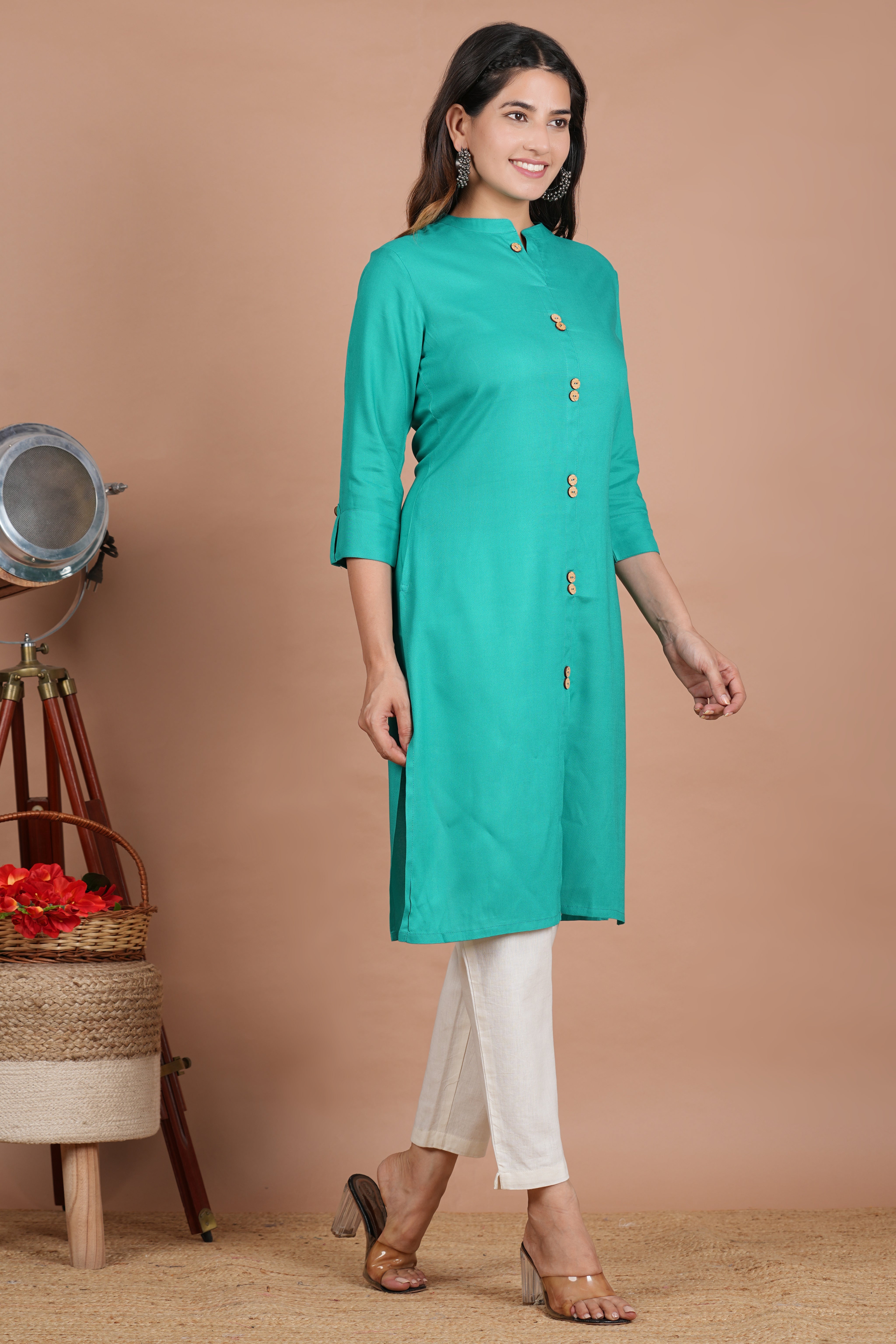 House of RP Women's Trquoise Rayon Solid Frontslit Kurta - Distacart
