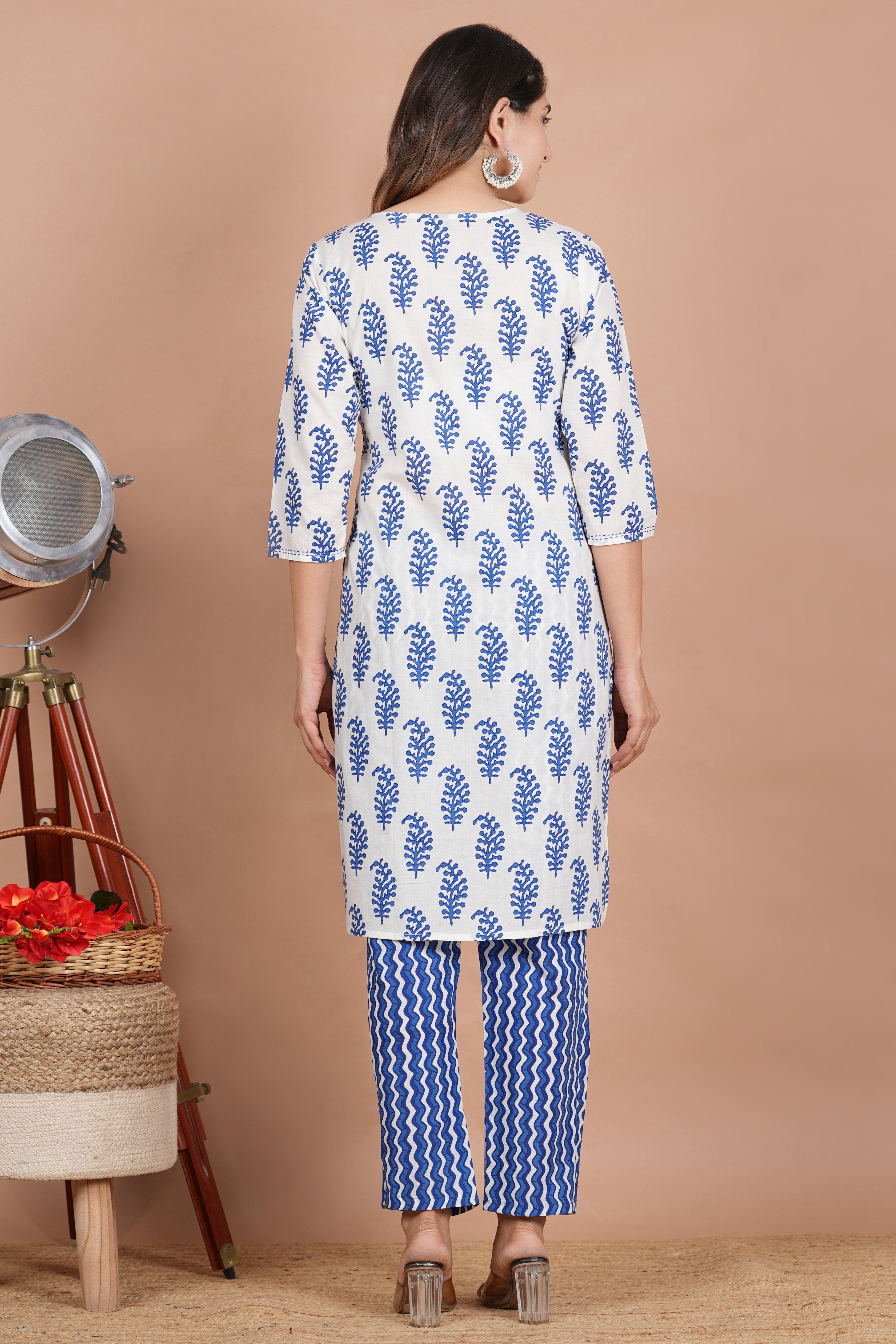 House of RP Women's White & Aqua Blue Cotton Kurta, Pant & Dupatta Set - Distacart