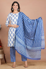 Thumbnail for House of RP Women's White & Aqua Blue Cotton Kurta, Pant & Dupatta Set - Distacart
