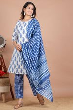 Thumbnail for House of RP Women's White & Aqua Blue Cotton Kurta, Pant & Dupatta Set - Distacart