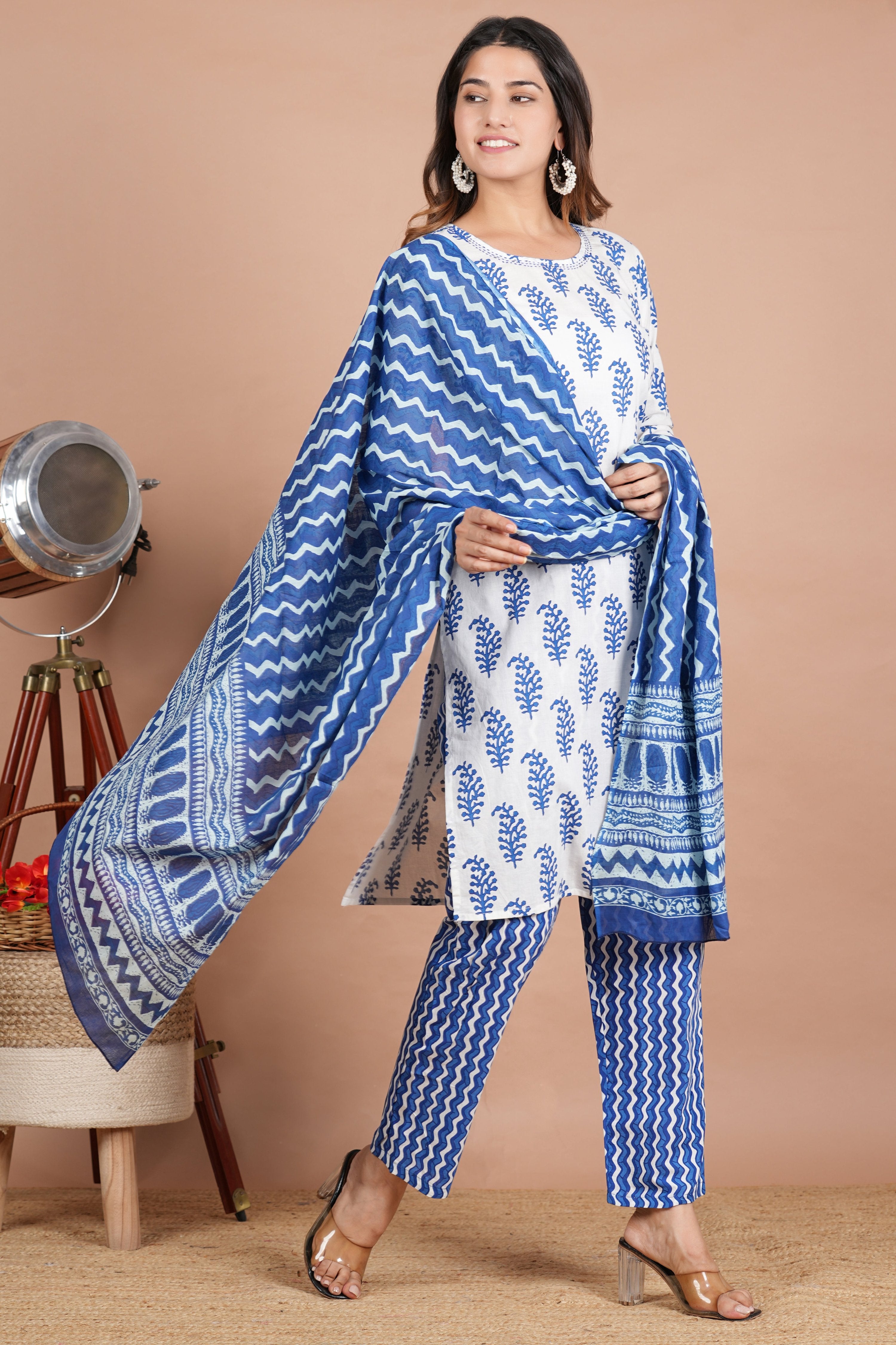 House of RP Women's White & Aqua Blue Cotton Kurta, Pant & Dupatta Set - Distacart