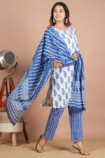 Thumbnail for House of RP Women's White & Aqua Blue Cotton Kurta, Pant & Dupatta Set - Distacart