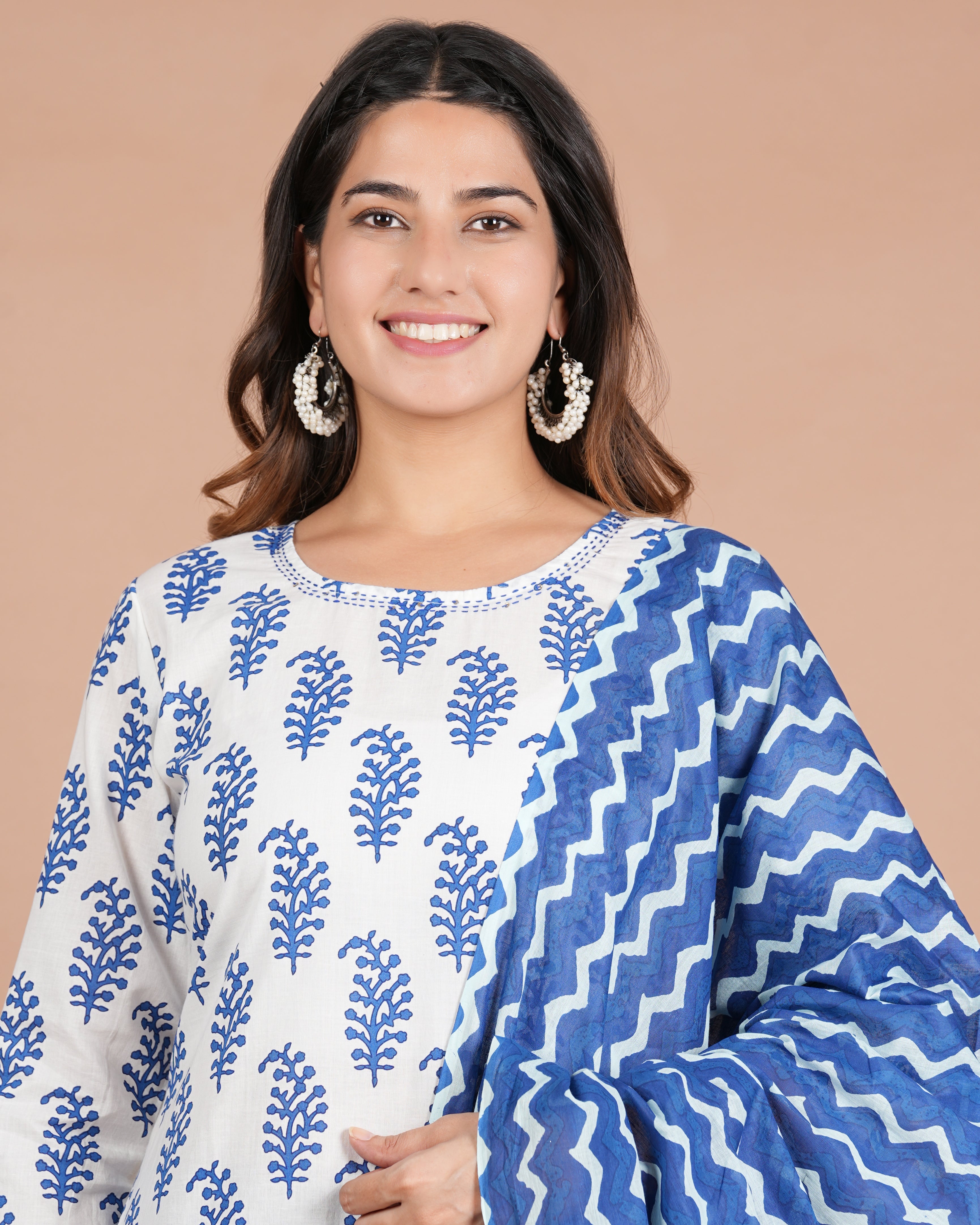 House of RP Women's White & Aqua Blue Cotton Kurta, Pant & Dupatta Set - Distacart