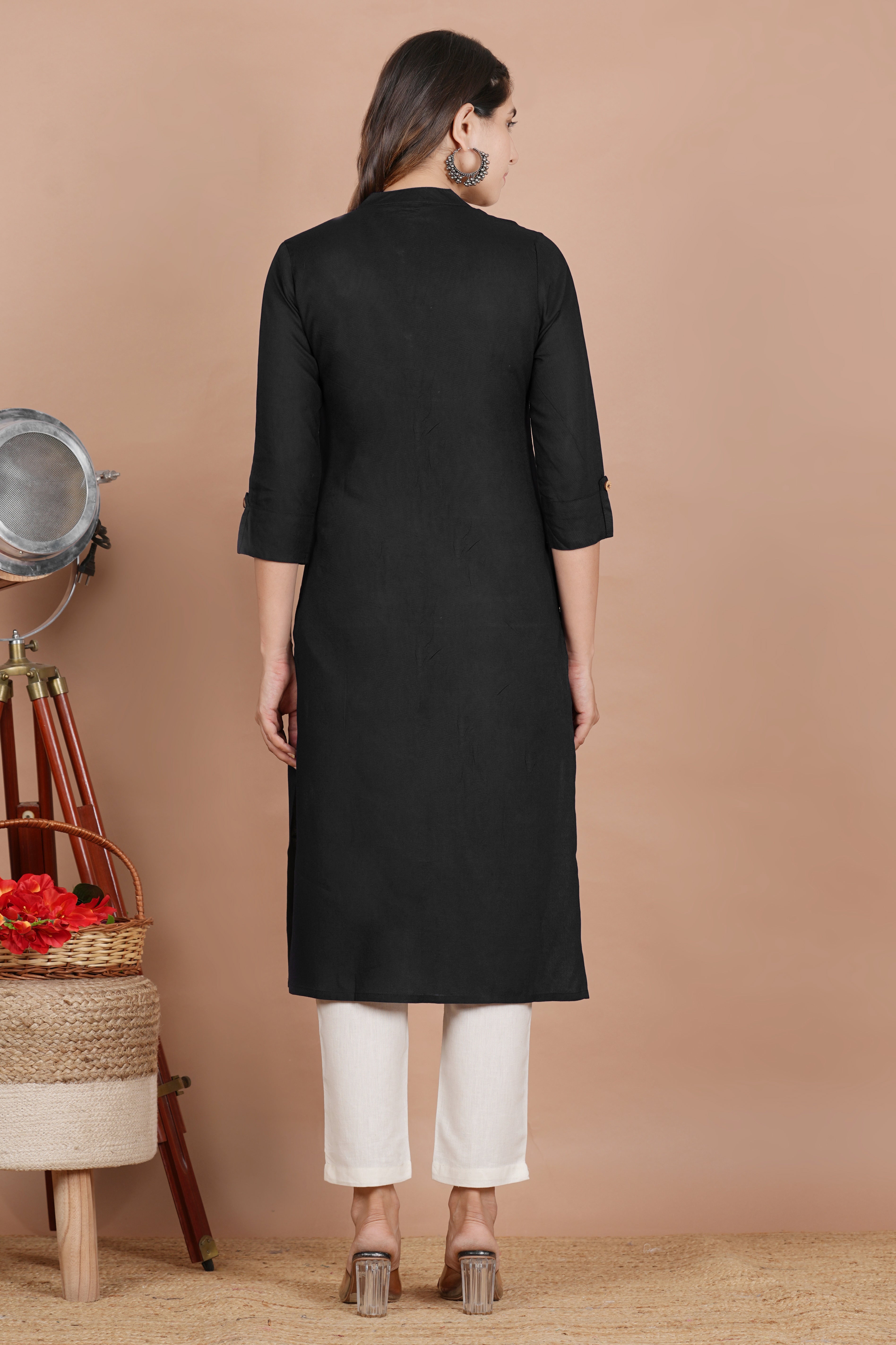 House of RP Women's Black Rayon Solid Frontslit Kurta - Distacart