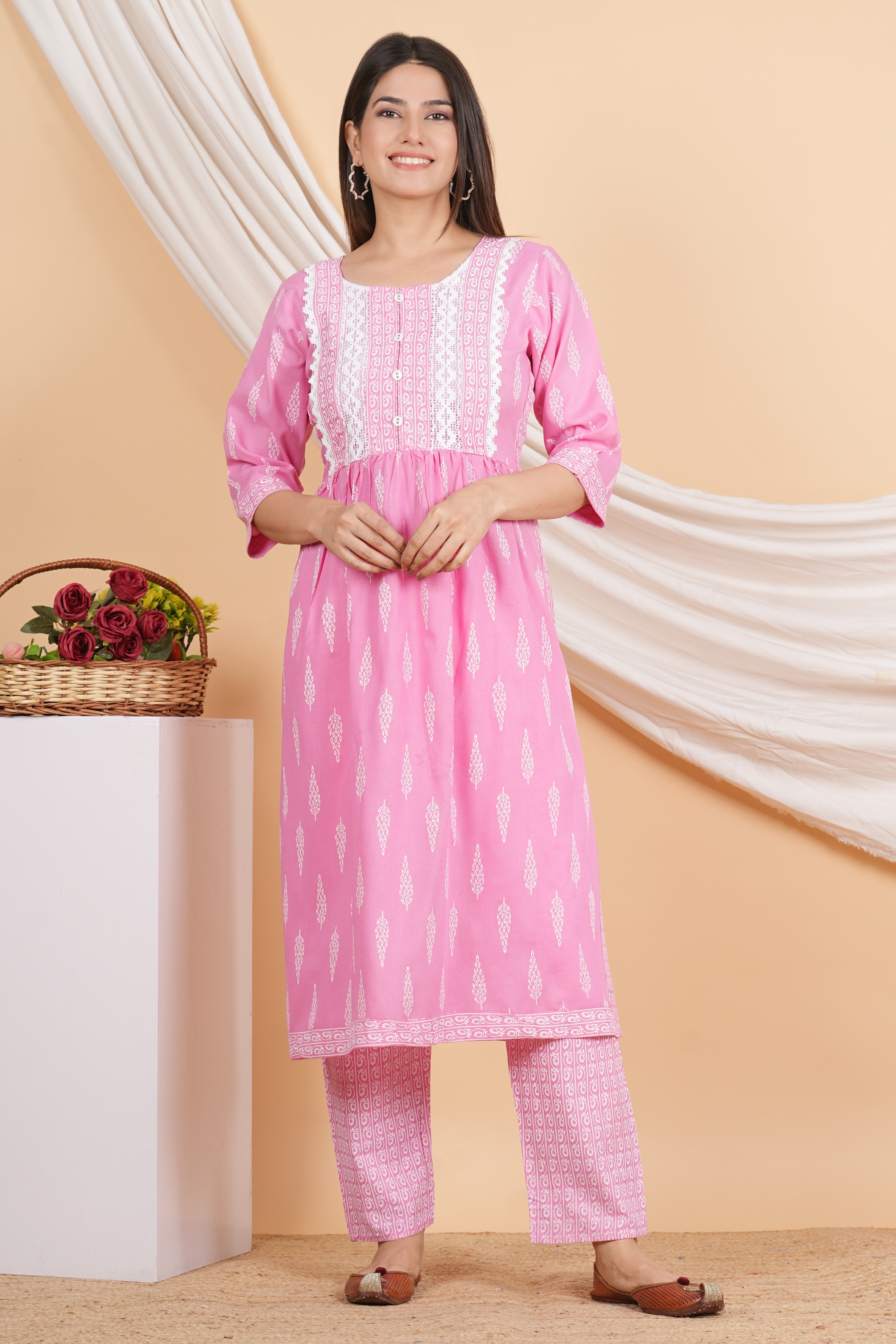 House of RP Women Pink Rayon Naira Cut Emboridered & Printed Kurta & Pant Set - Distacart
