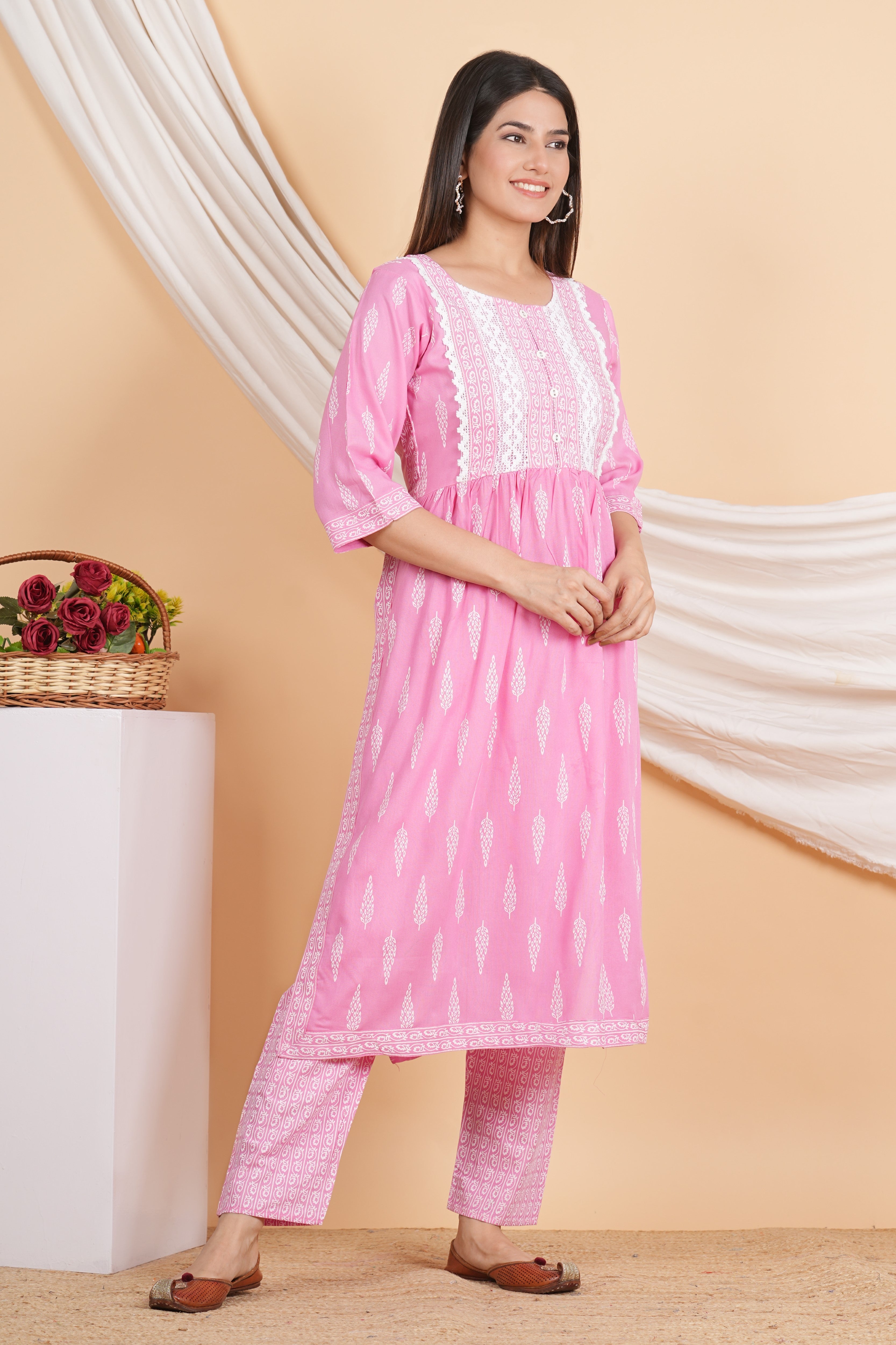 House of RP Women Pink Rayon Naira Cut Emboridered & Printed Kurta & Pant Set - Distacart