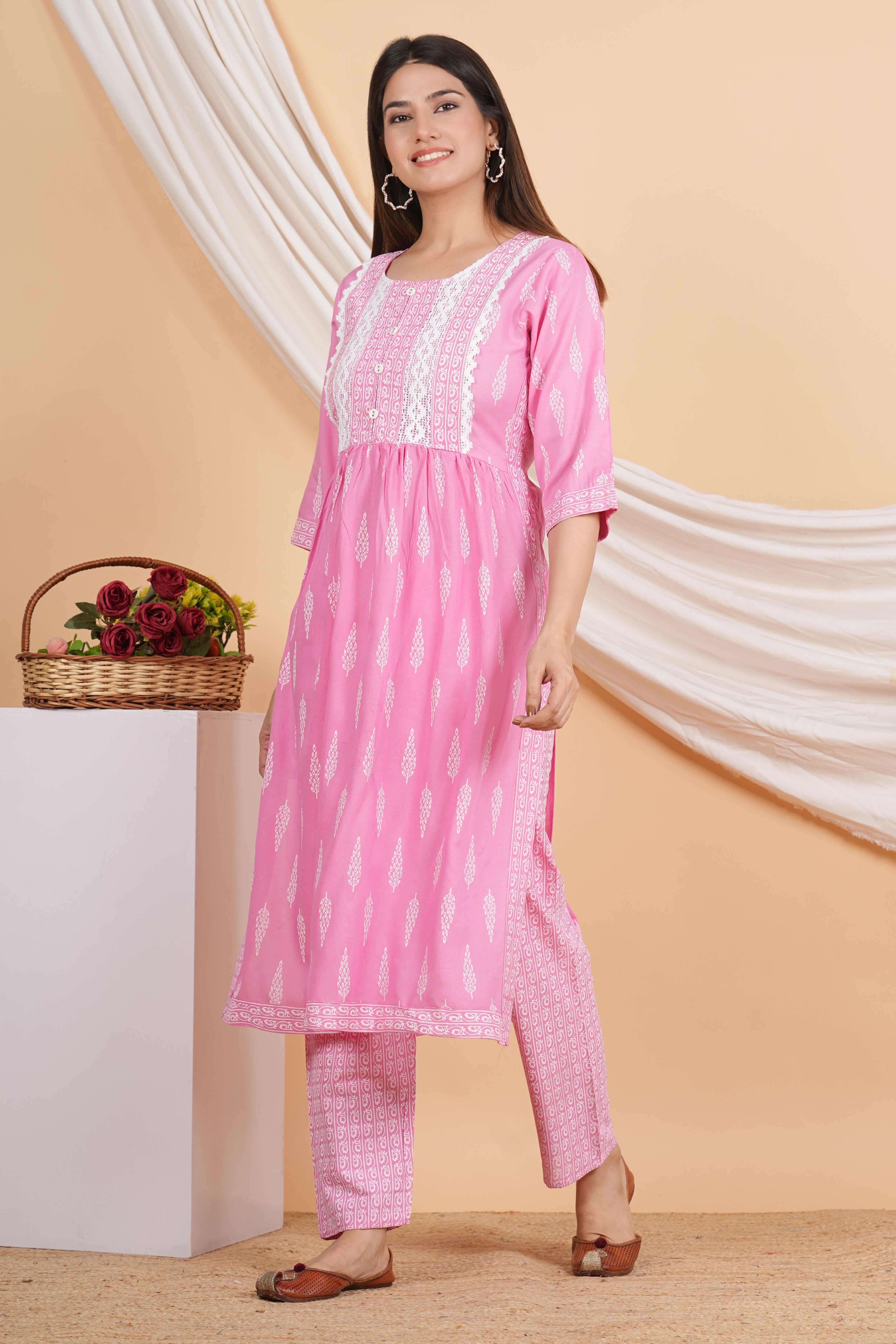 House of RP Women Pink Rayon Naira Cut Emboridered & Printed Kurta & Pant Set - Distacart