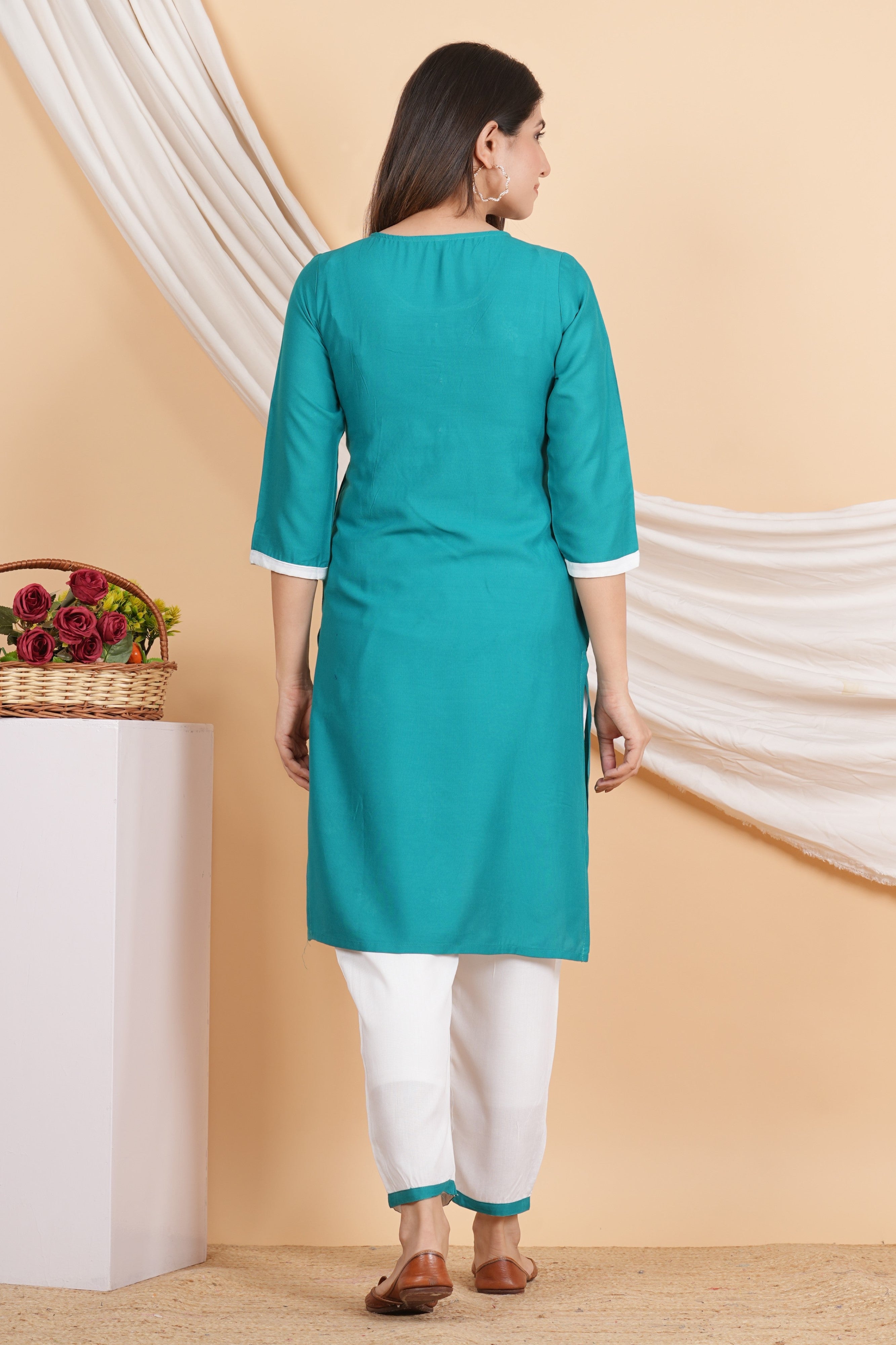House of RP Women Teal Rayon Embroidered Kurta, Pant & Dupatta Set - Distacart