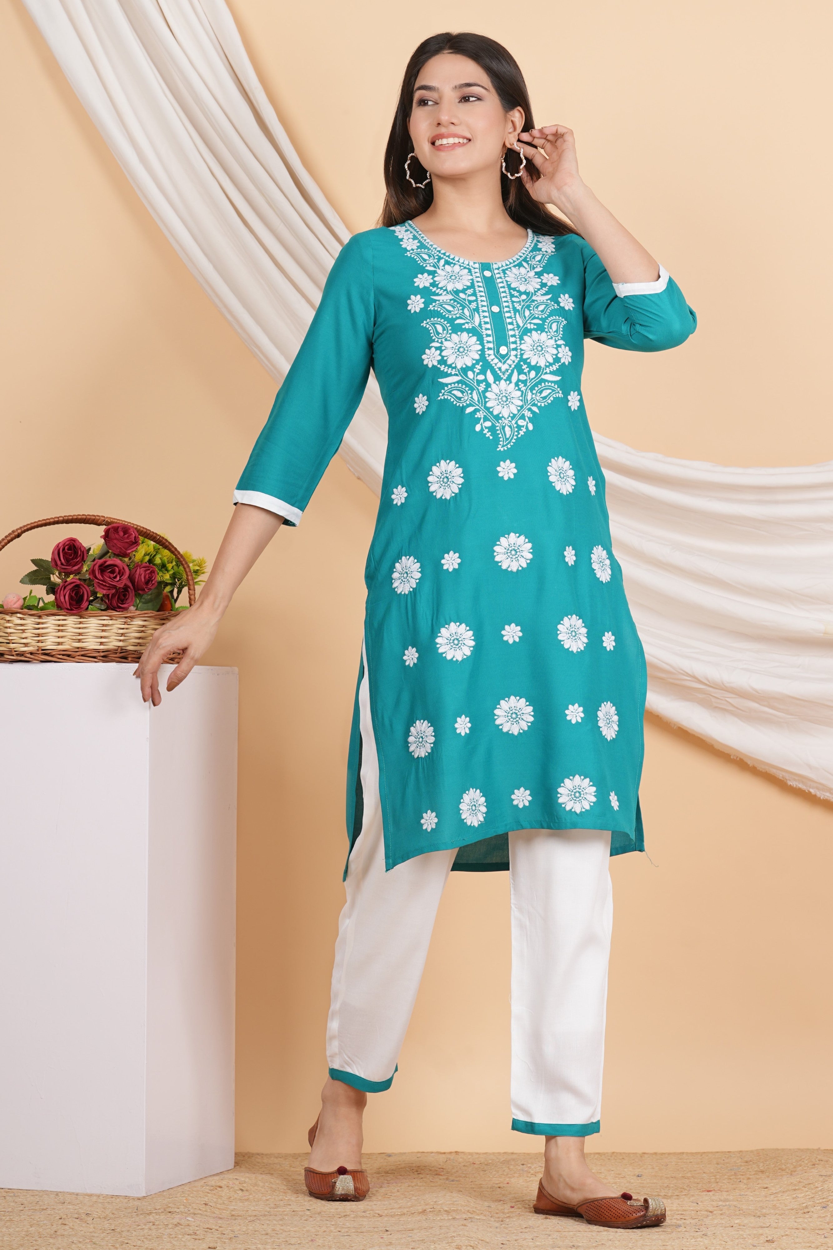 House of RP Women Teal Rayon Embroidered Kurta, Pant & Dupatta Set - Distacart