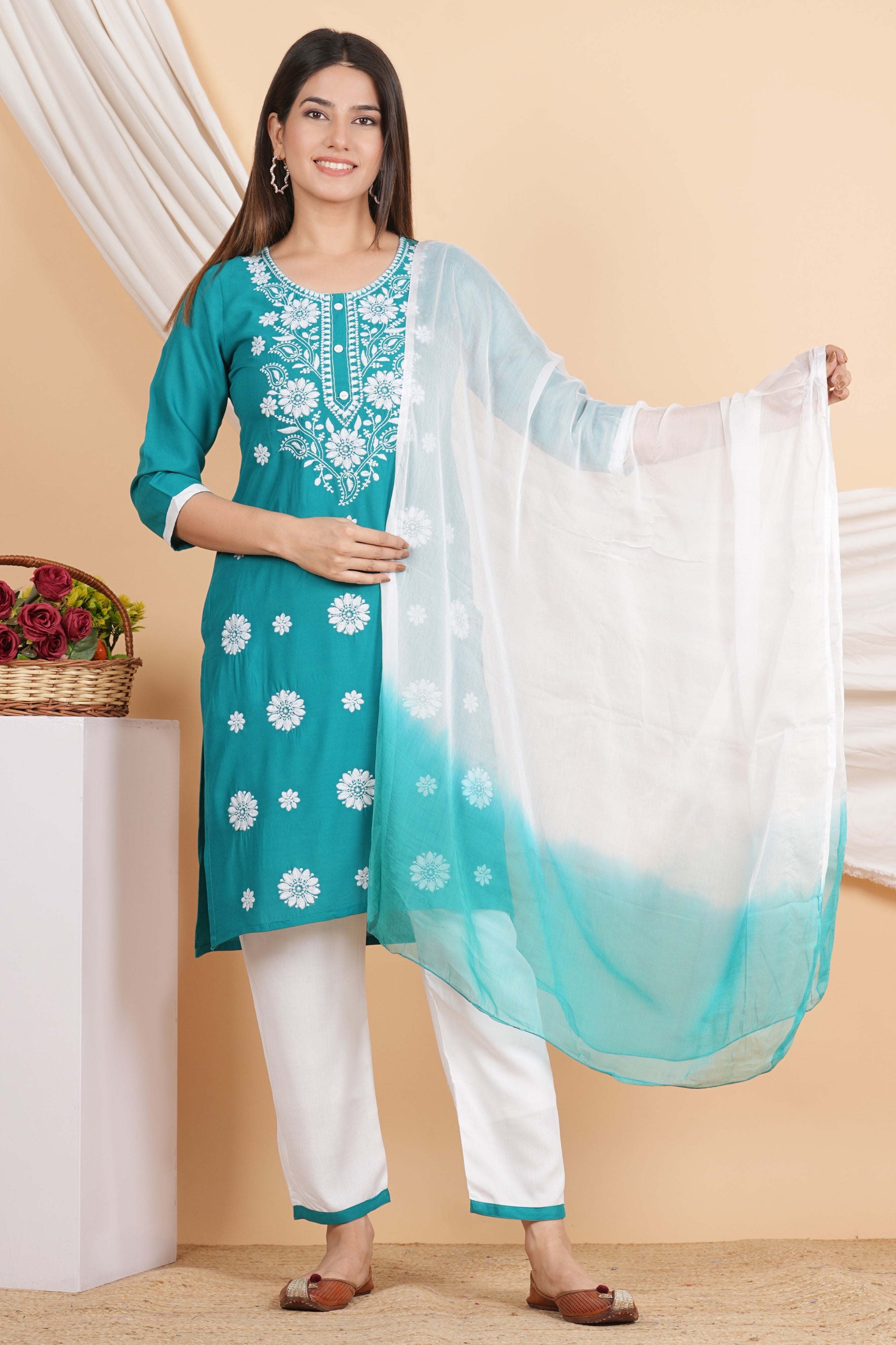 House of RP Women Teal Rayon Embroidered Kurta, Pant & Dupatta Set - Distacart