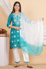 Thumbnail for House of RP Women Teal Rayon Embroidered Kurta, Pant & Dupatta Set - Distacart