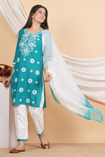 Thumbnail for House of RP Women Teal Rayon Embroidered Kurta, Pant & Dupatta Set - Distacart
