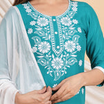 Thumbnail for House of RP Women Teal Rayon Embroidered Kurta, Pant & Dupatta Set - Distacart