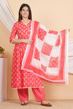 Thumbnail for House of RP Women Red Rayon Embroidered Kurta, Pant & Dupatta Set - Distacart