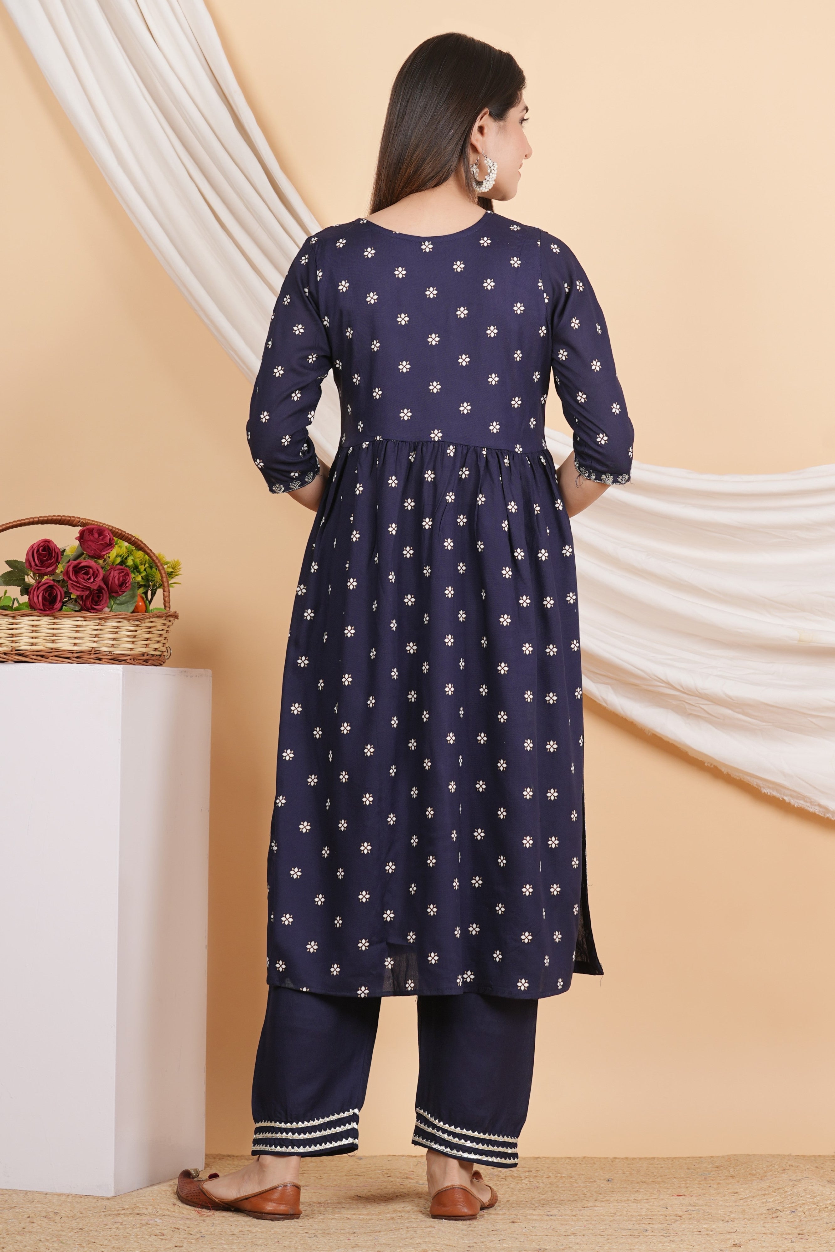 House of RP Women Blue Rayon Embroidered Naira Cut Kurta, Pant & Dupatta Set - Distacart