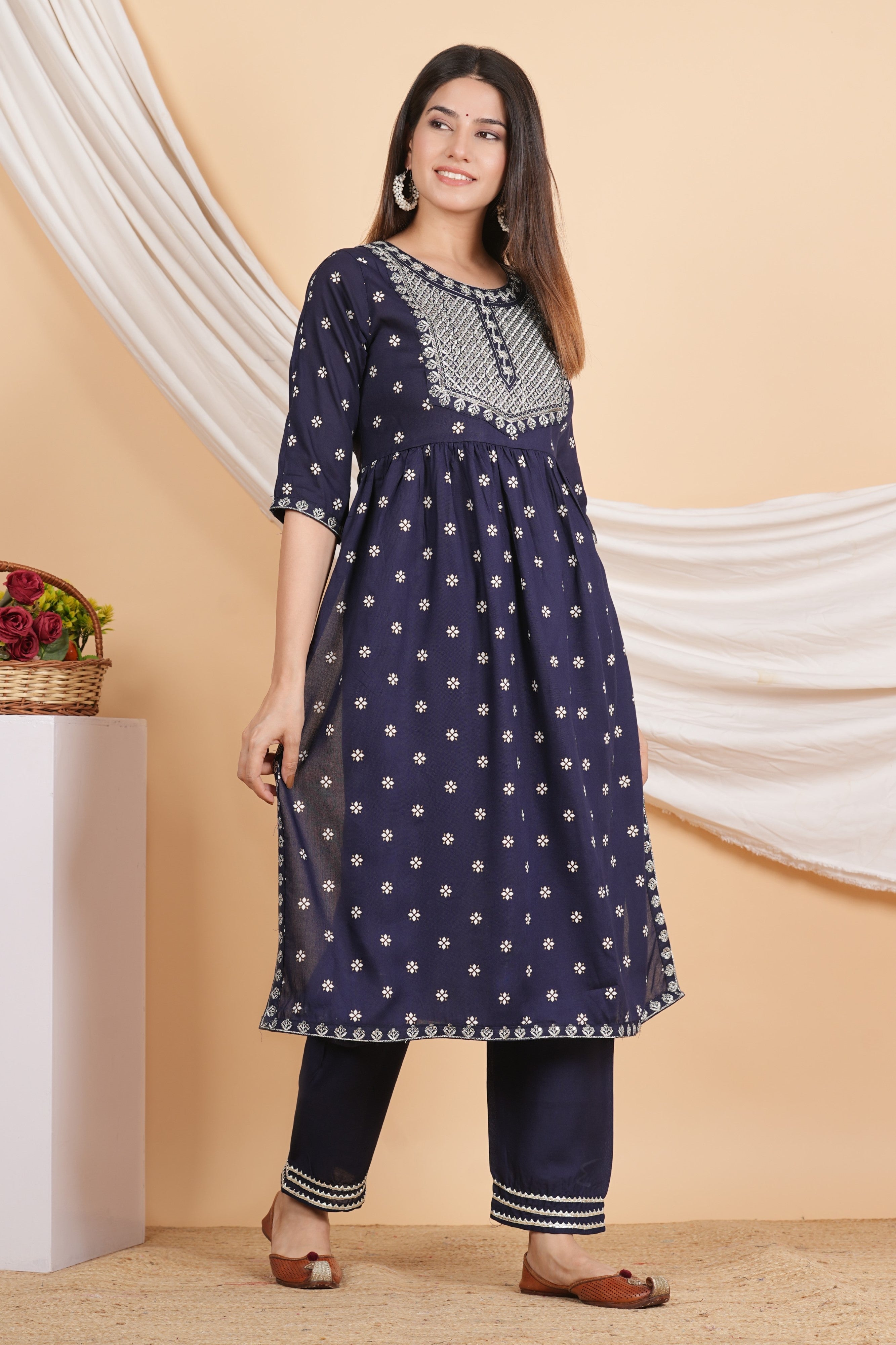 House of RP Women Blue Rayon Embroidered Naira Cut Kurta, Pant & Dupatta Set - Distacart