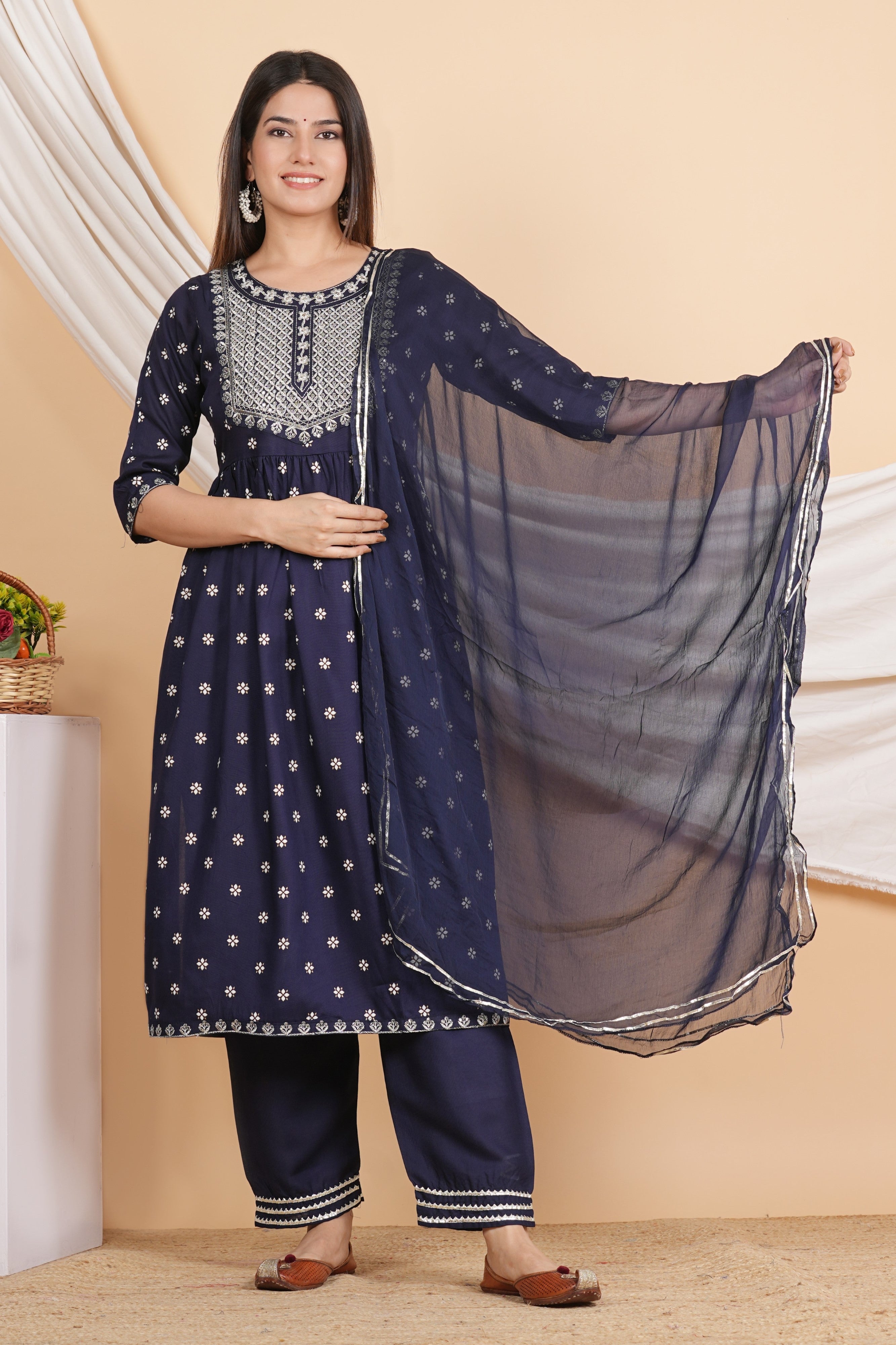 House of RP Women Blue Rayon Embroidered Naira Cut Kurta, Pant & Dupatta Set - Distacart