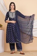 Thumbnail for House of RP Women Blue Rayon Embroidered Naira Cut Kurta, Pant & Dupatta Set - Distacart