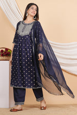 Thumbnail for House of RP Women Blue Rayon Embroidered Naira Cut Kurta, Pant & Dupatta Set - Distacart