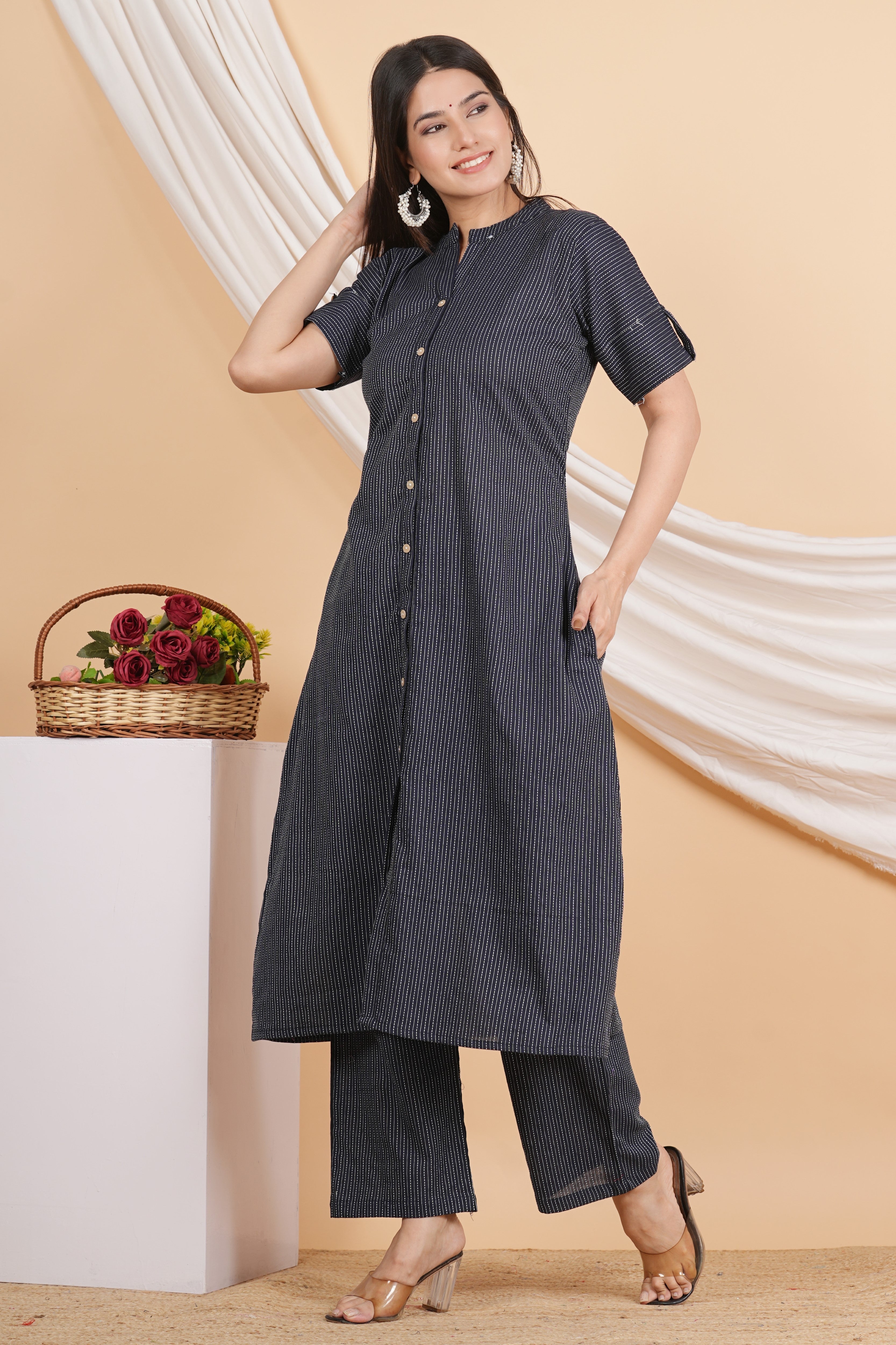 House of RP Women Black Rayon Striped Kurta & Palazzo Set - Distacart