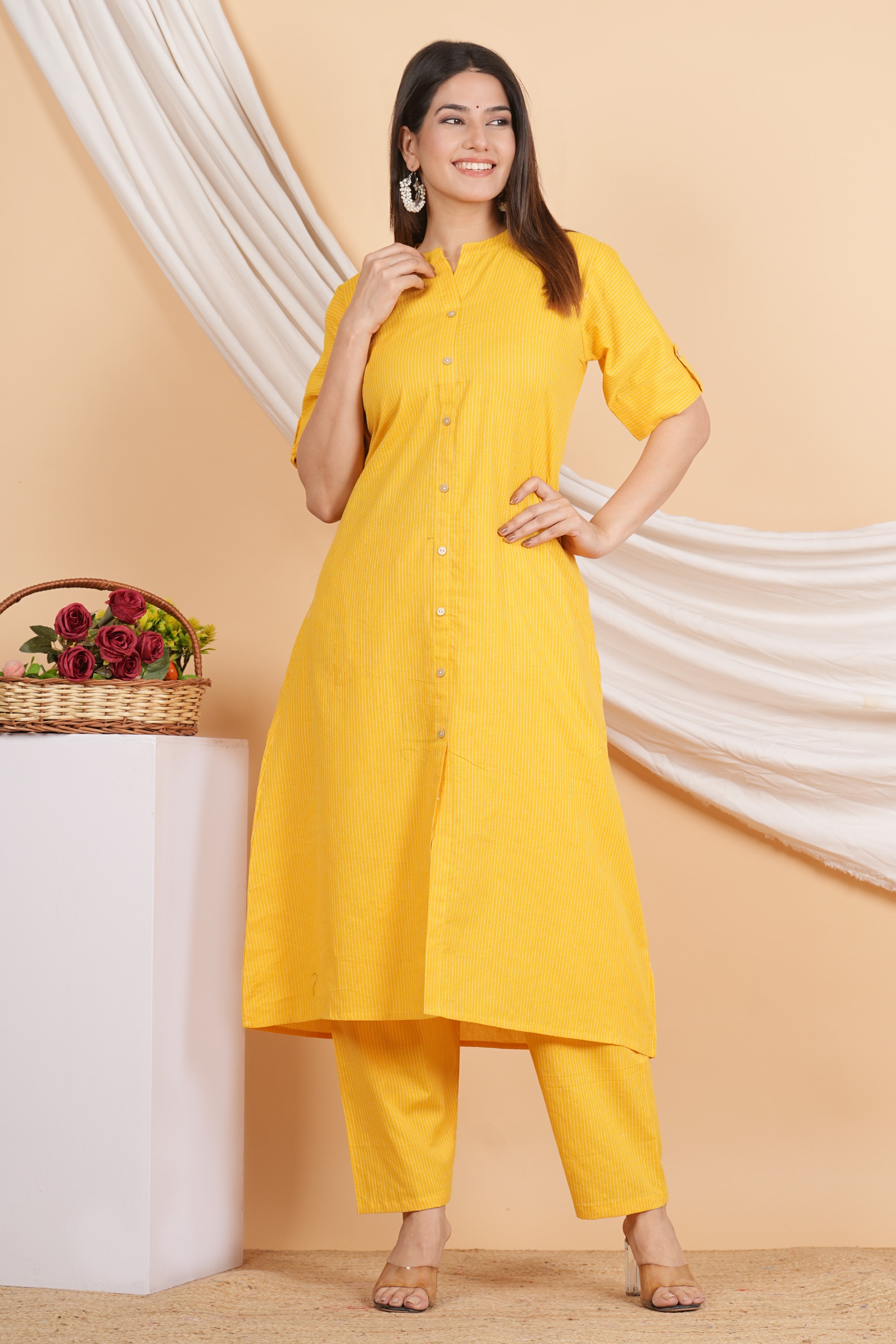 House of RP Women Yellow Rayon Striped Kurta & Palazzo Set - Distacart