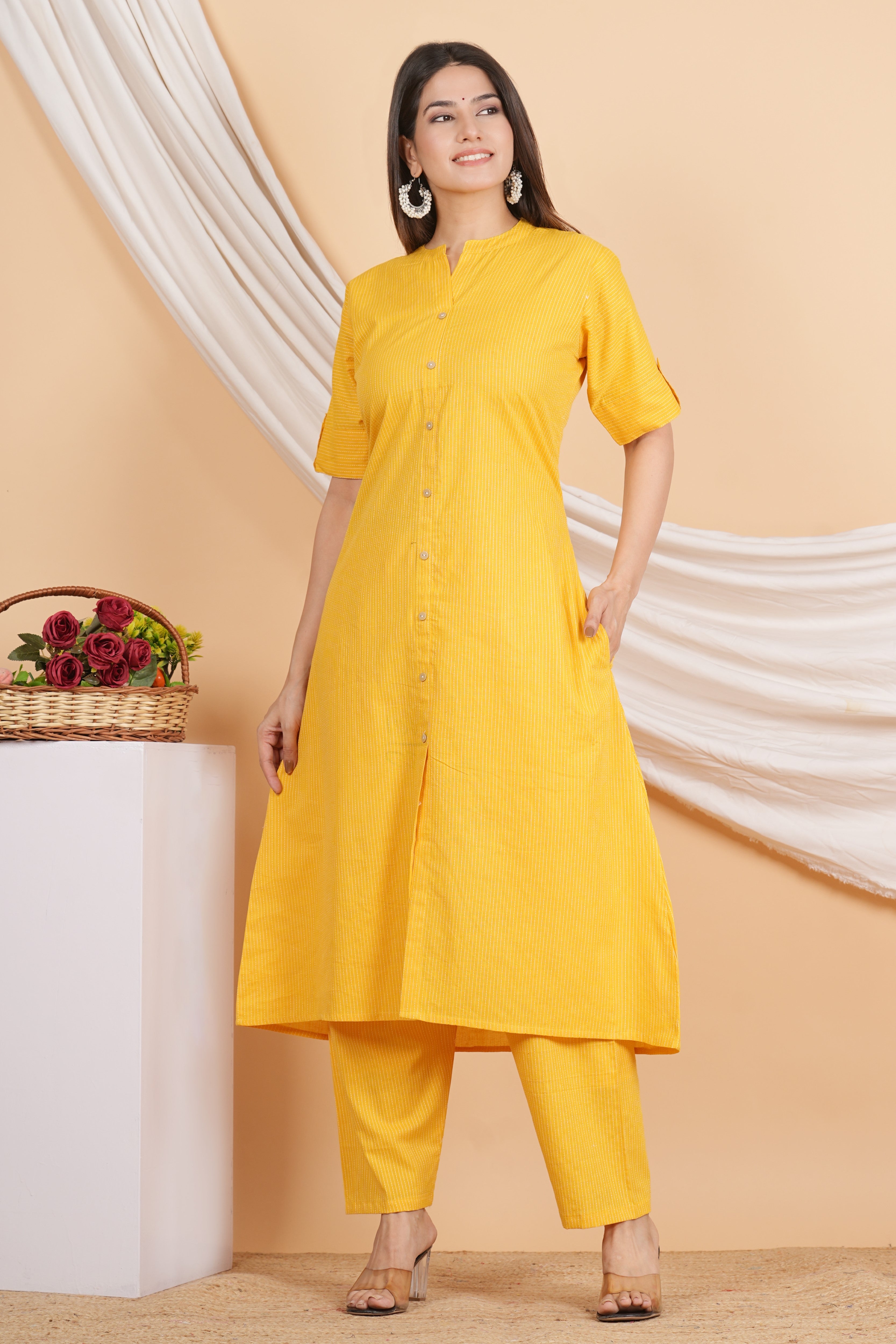 House of RP Women Yellow Rayon Striped Kurta & Palazzo Set - Distacart