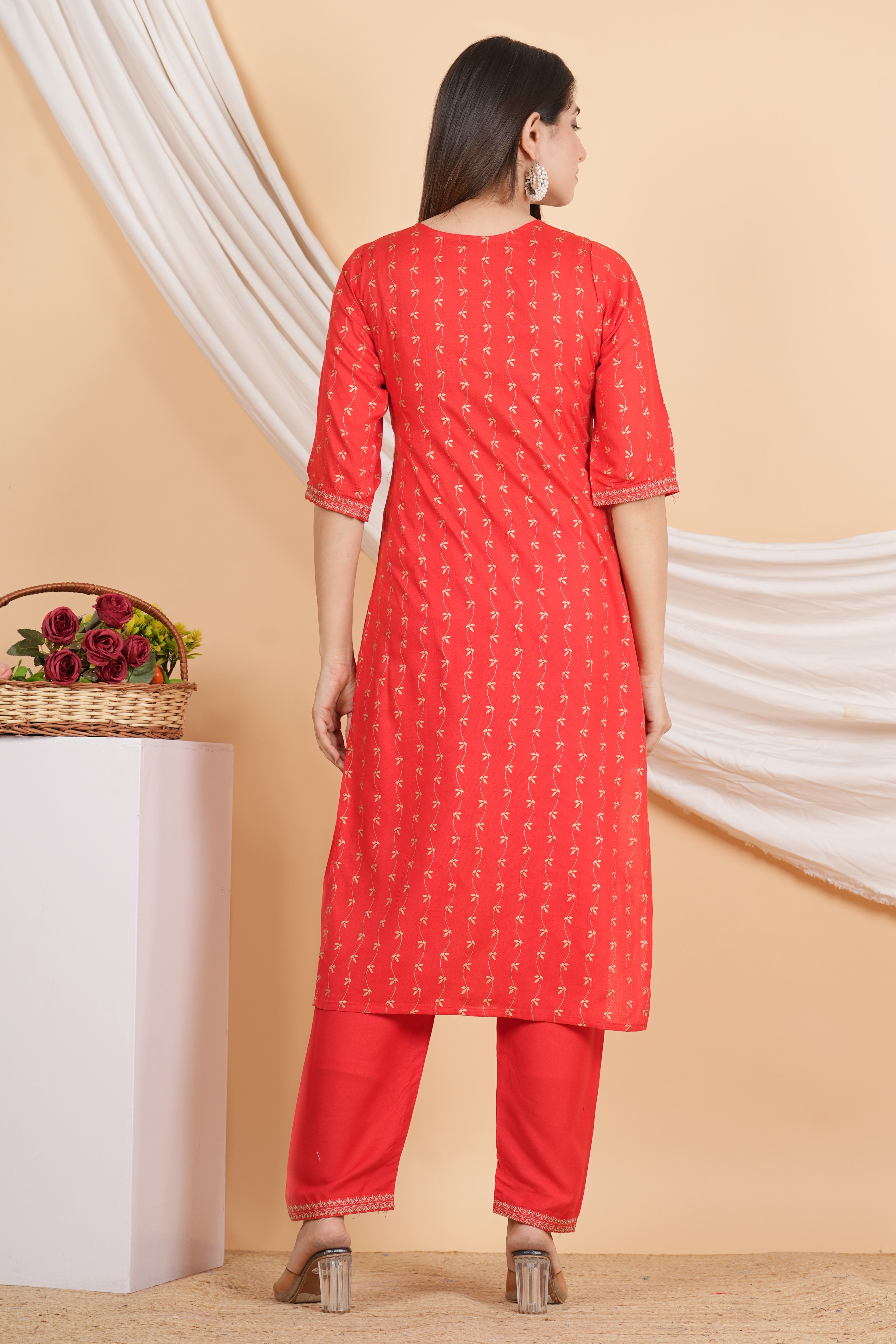 House of RP Women Red Rayon Embroidered & Printed Kurta & Pant Set - Distacart