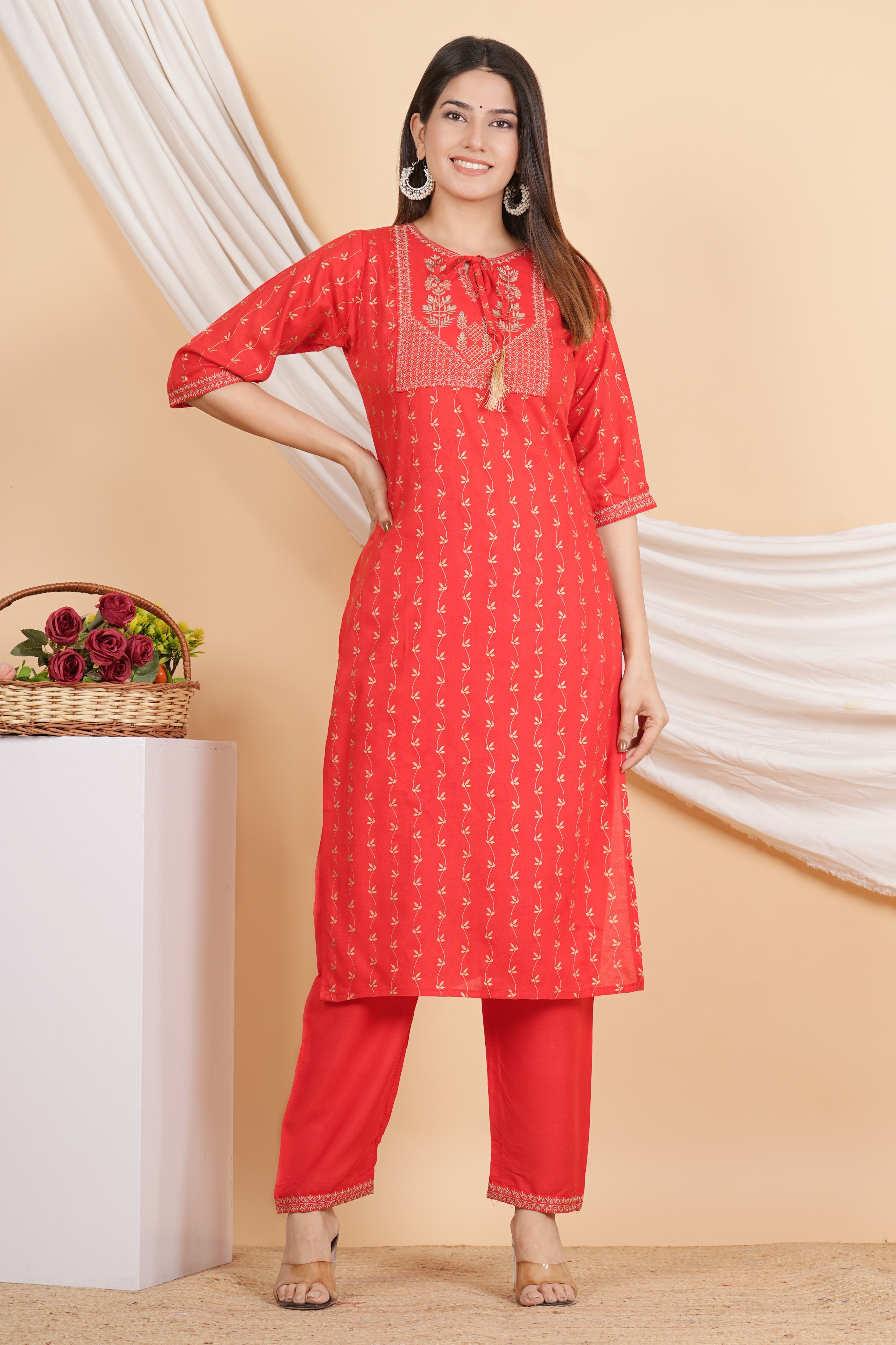 House of RP Women Red Rayon Embroidered & Printed Kurta & Pant Set - Distacart