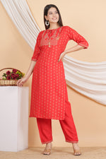 Thumbnail for House of RP Women Red Rayon Embroidered & Printed Kurta & Pant Set - Distacart