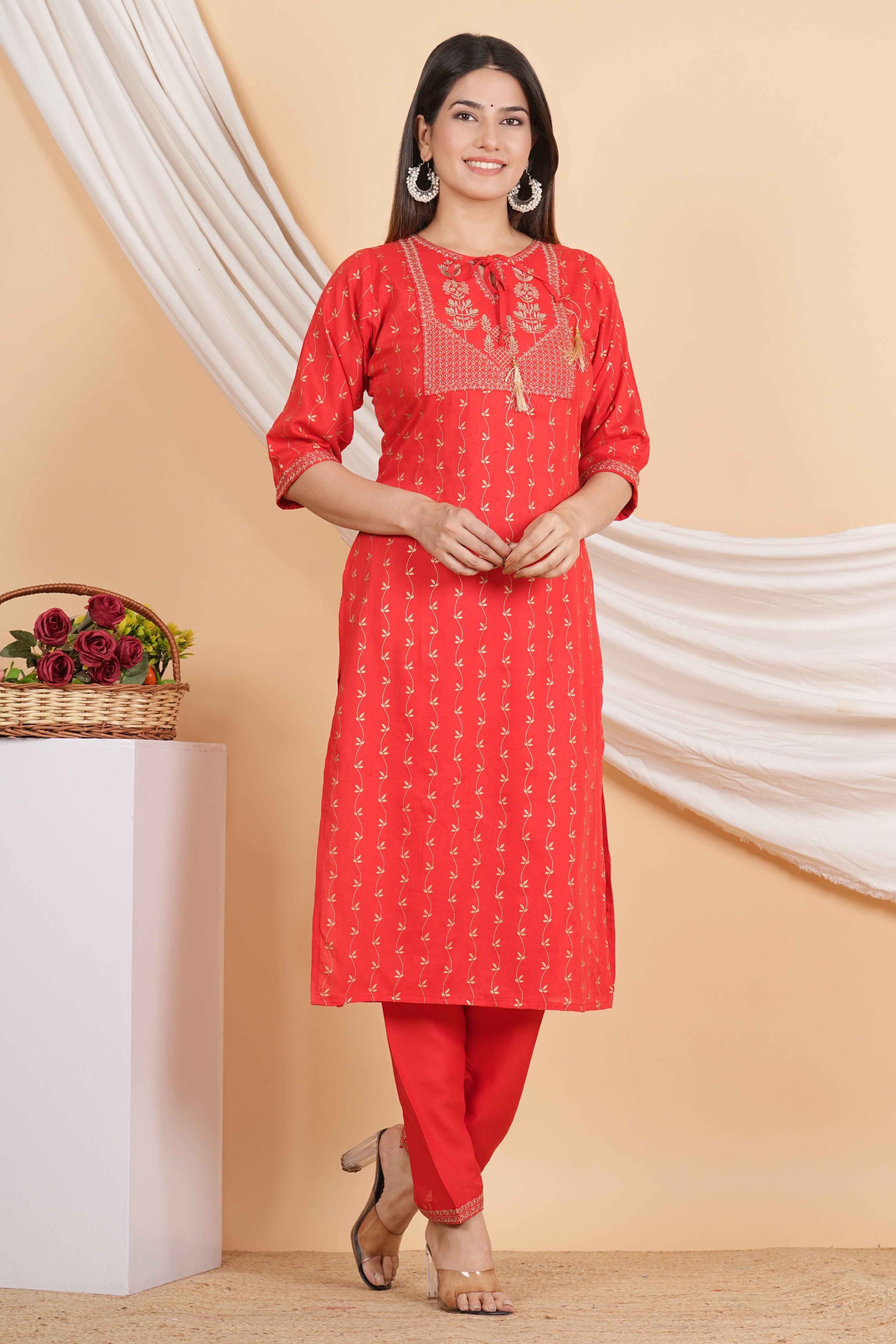 House of RP Women Red Rayon Embroidered & Printed Kurta & Pant Set - Distacart