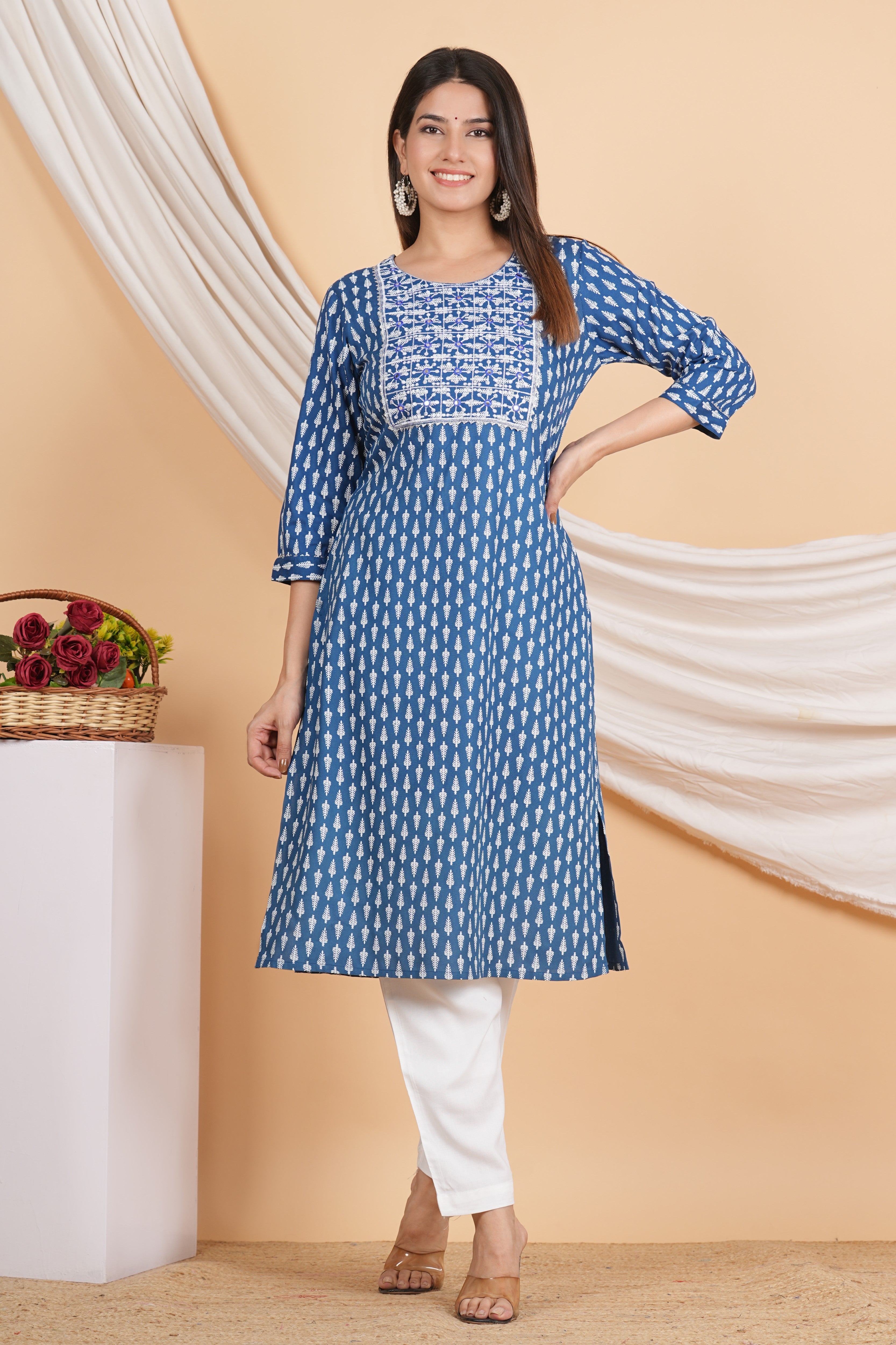 House of RP Women Sky Blue Rayon Embroidered & Printed Kurta & Pant Set - Distacart