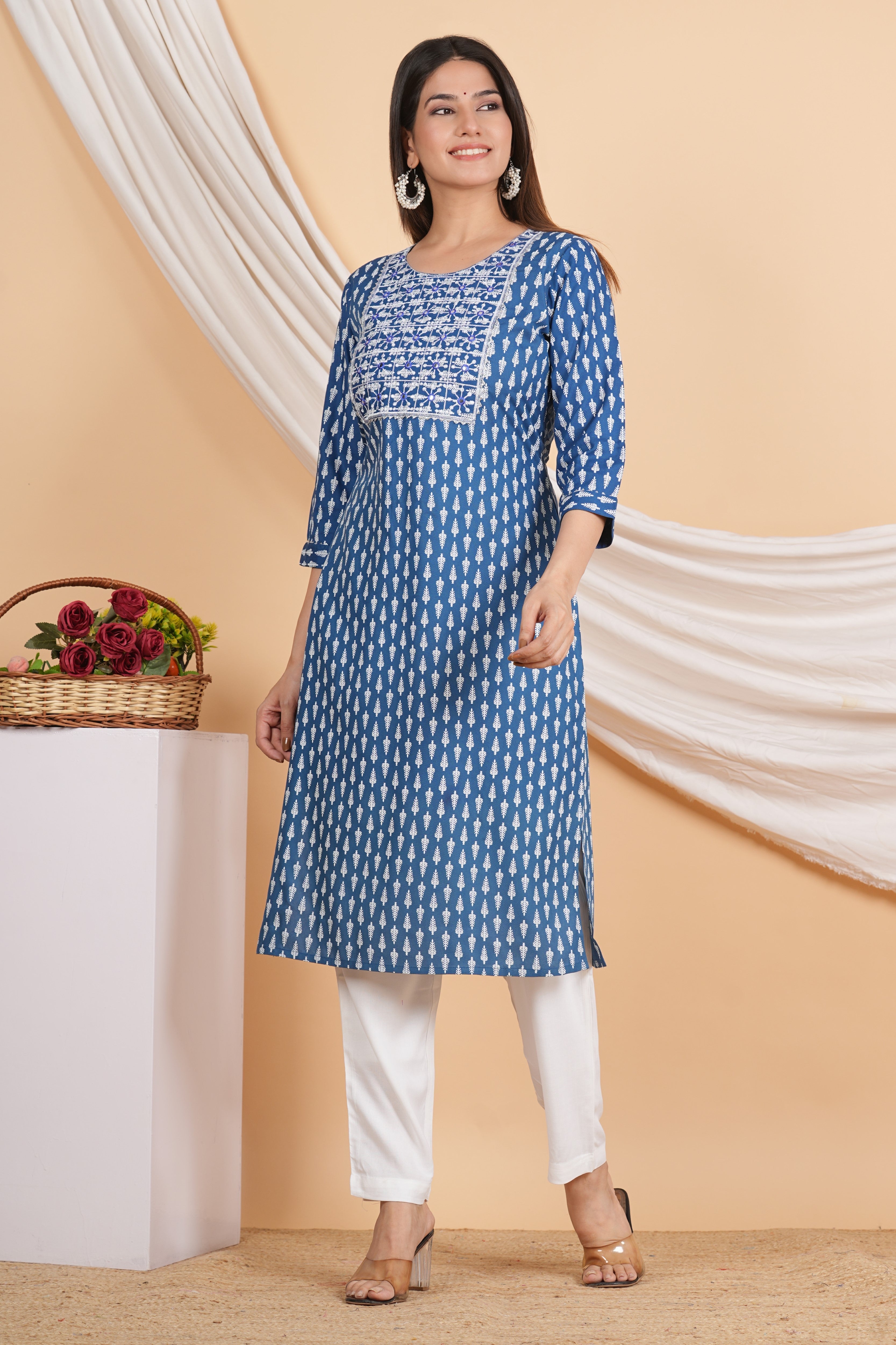 House of RP Women Sky Blue Rayon Embroidered & Printed Kurta & Pant Set - Distacart