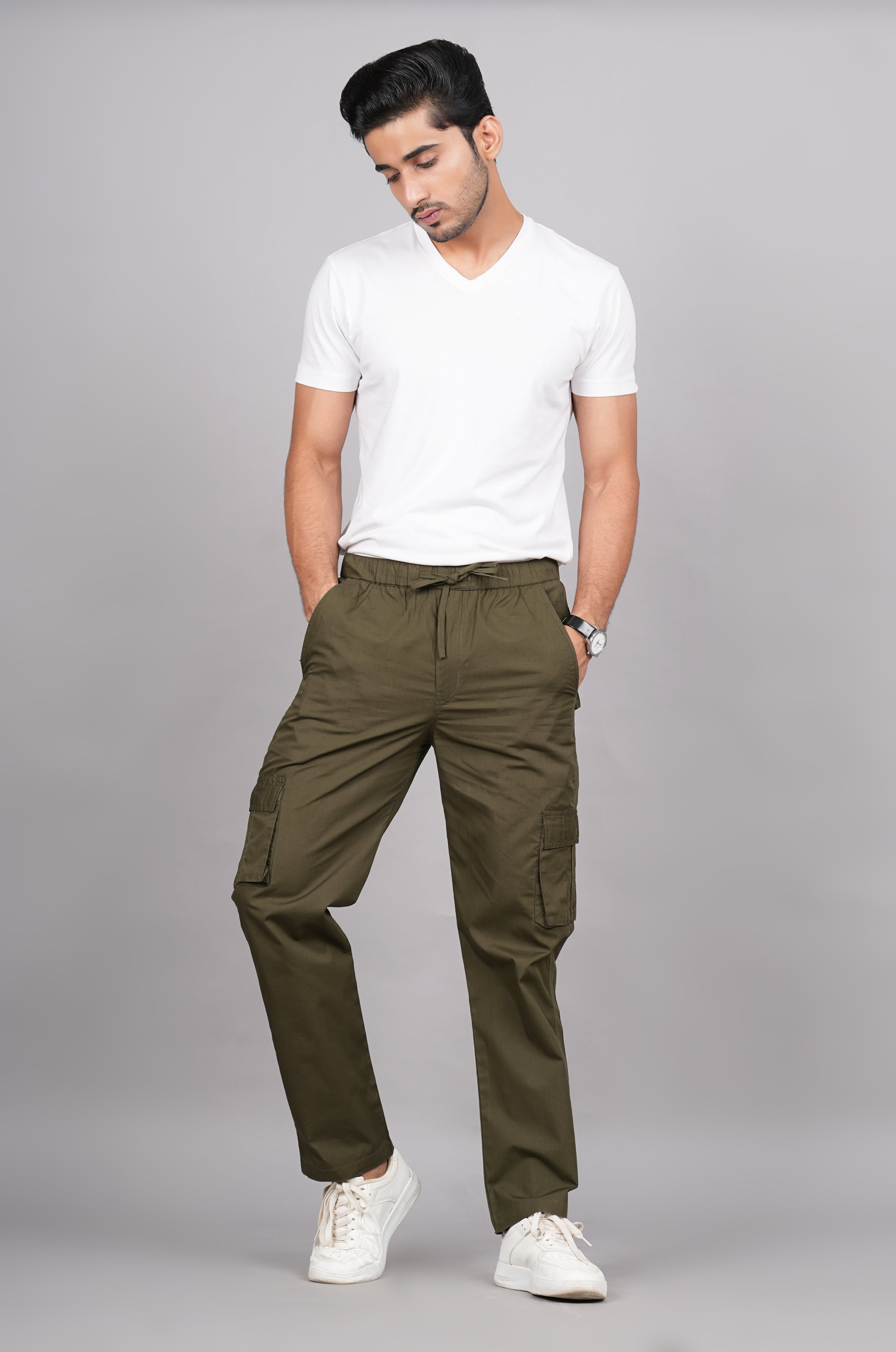 House of RP Men's Cotton Green Slim Fit Solid Cargos, Casual Trousers with Cargo Pockets - Distacart